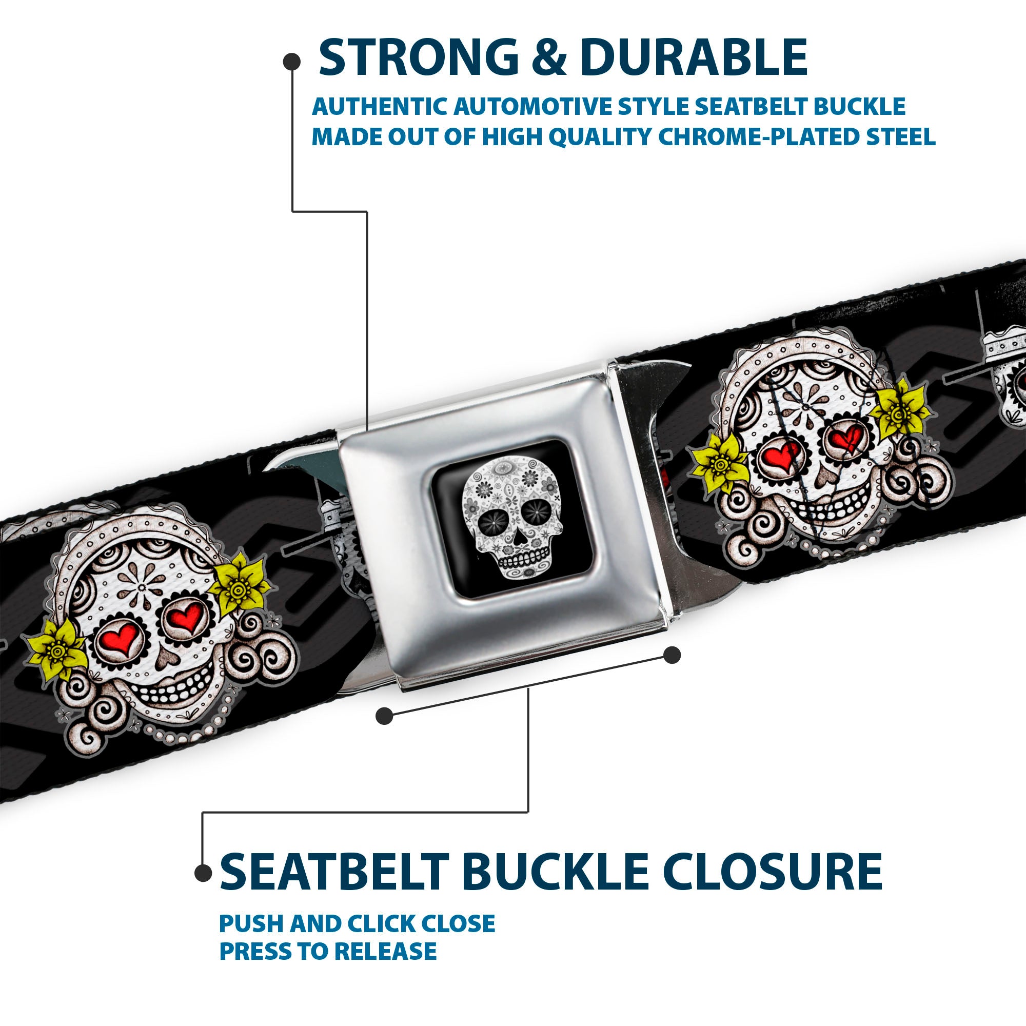 Sugar Skull Full Color Black/White/Gray Seatbelt Belt - Los Novios Black/Gray/White/Multi Color Webbing Seatbelt Belts Thaneeya McArdle