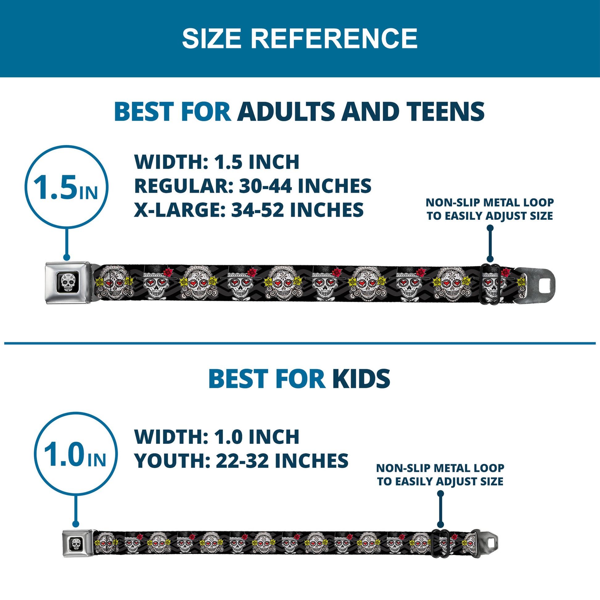 Sugar Skull Full Color Black/White/Gray Seatbelt Belt - Los Novios Black/Gray/White/Multi Color Webbing Seatbelt Belts Thaneeya McArdle