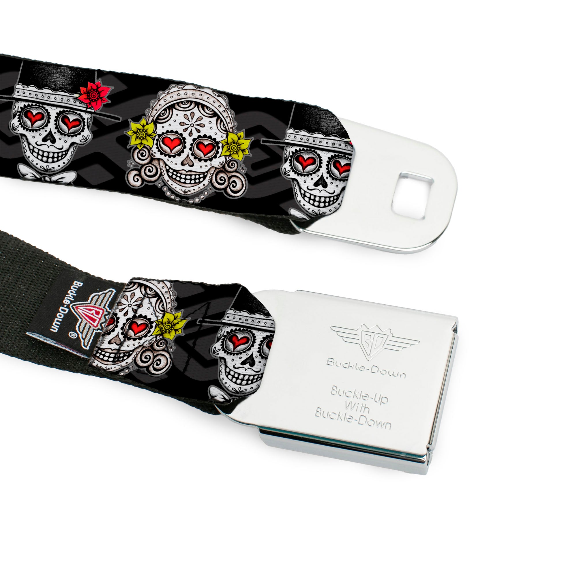 Sugar Skull Full Color Black/White/Gray Seatbelt Belt - Los Novios Black/Gray/White/Multi Color Webbing Seatbelt Belts Thaneeya McArdle