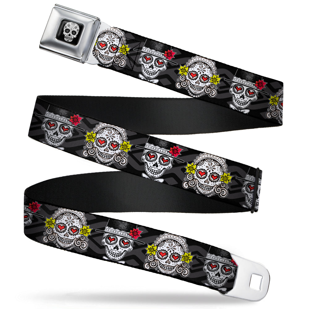 Sugar Skull Full Color Black/White/Gray Seatbelt Belt - Los Novios Black/Gray/White/Multi Color Webbing Seatbelt Belts Thaneeya McArdle