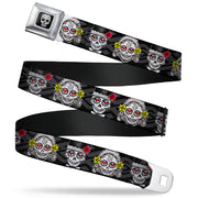 Sugar Skull Full Color Black/White/Gray Seatbelt Belt - Los Novios Black/Gray/White/Multi Color Webbing Seatbelt Belts Thaneeya McArdle