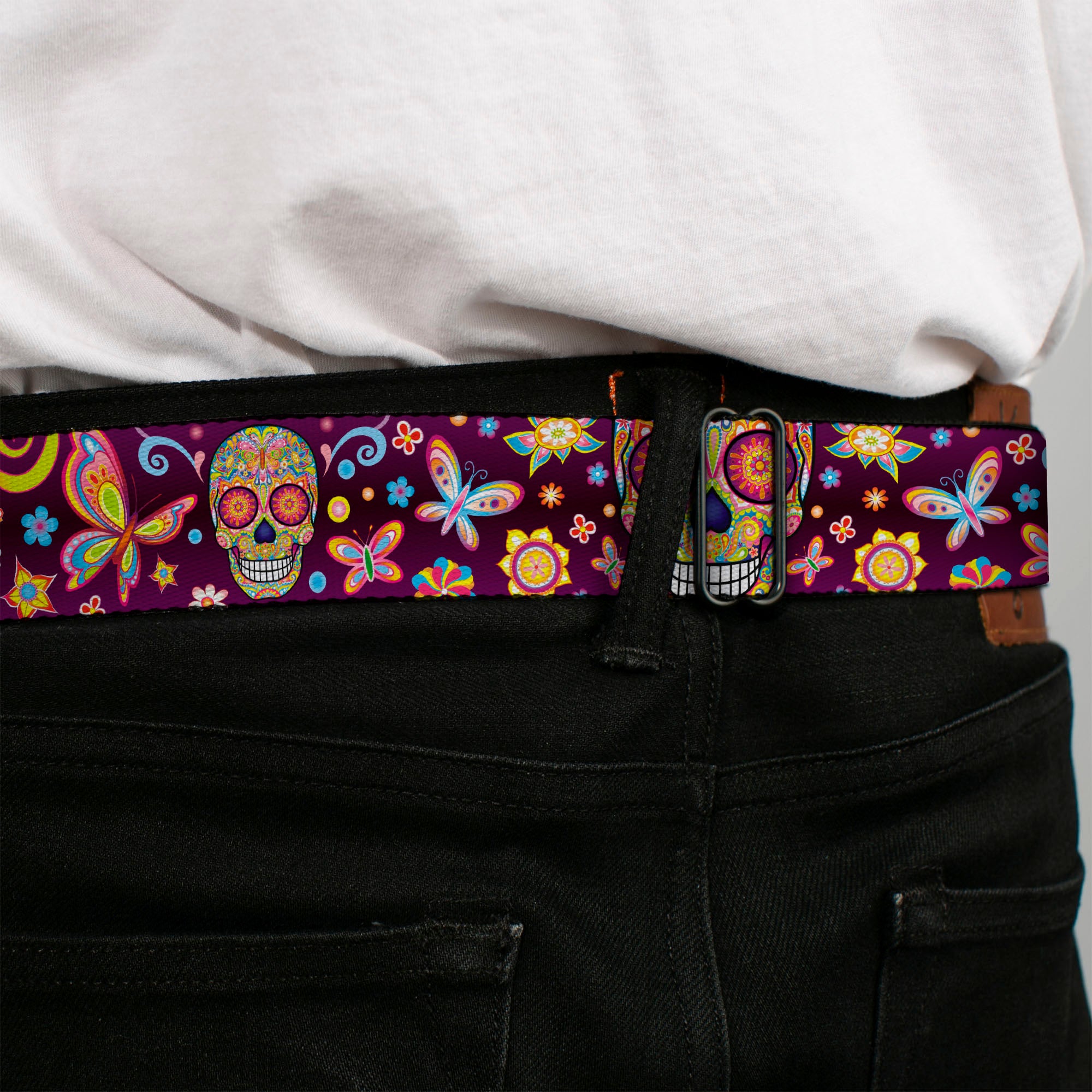 Mariposa Calavera Full Color Black/Multi Color Seatbelt Belt - Mariposa Calaveras/Butterflies/Flowers Burgundy/Multi Color Webbing Seatbelt Belts Thaneeya McArdle
