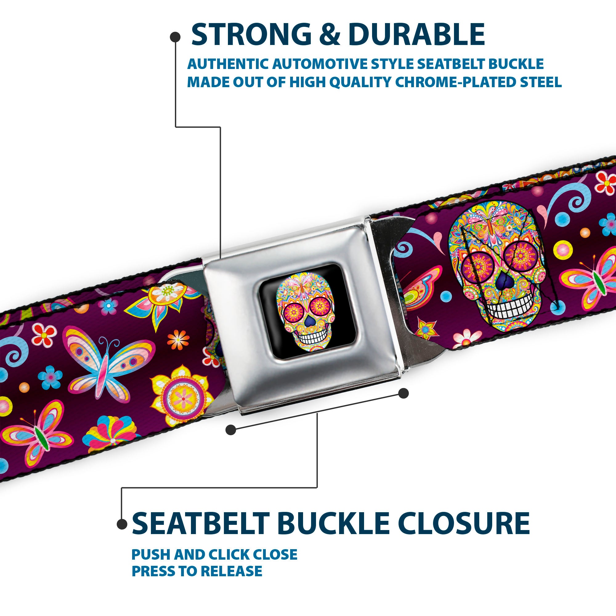 Mariposa Calavera Full Color Black/Multi Color Seatbelt Belt - Mariposa Calaveras/Butterflies/Flowers Burgundy/Multi Color Webbing Seatbelt Belts Thaneeya McArdle