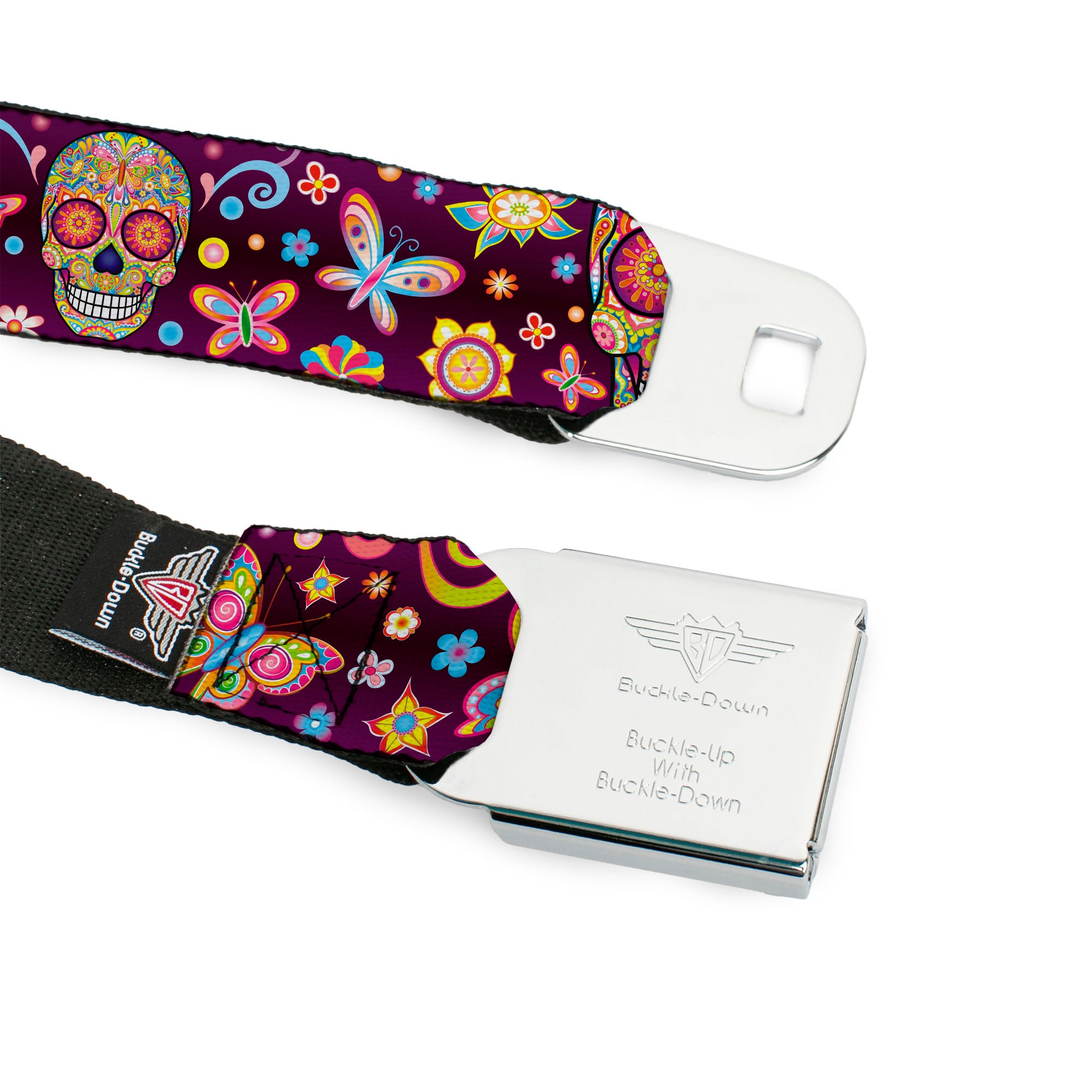 Mariposa Calavera Full Color Black/Multi Color Seatbelt Belt - Mariposa Calaveras/Butterflies/Flowers Burgundy/Multi Color Webbing Seatbelt Belts Thaneeya McArdle