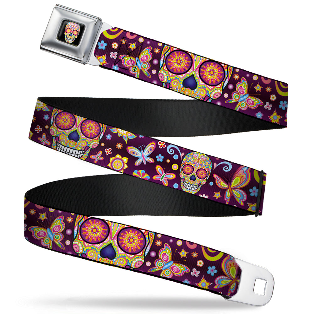 Mariposa Calavera Full Color Black/Multi Color Seatbelt Belt - Mariposa Calaveras/Butterflies/Flowers Burgundy/Multi Color Webbing Seatbelt Belts Thaneeya McArdle