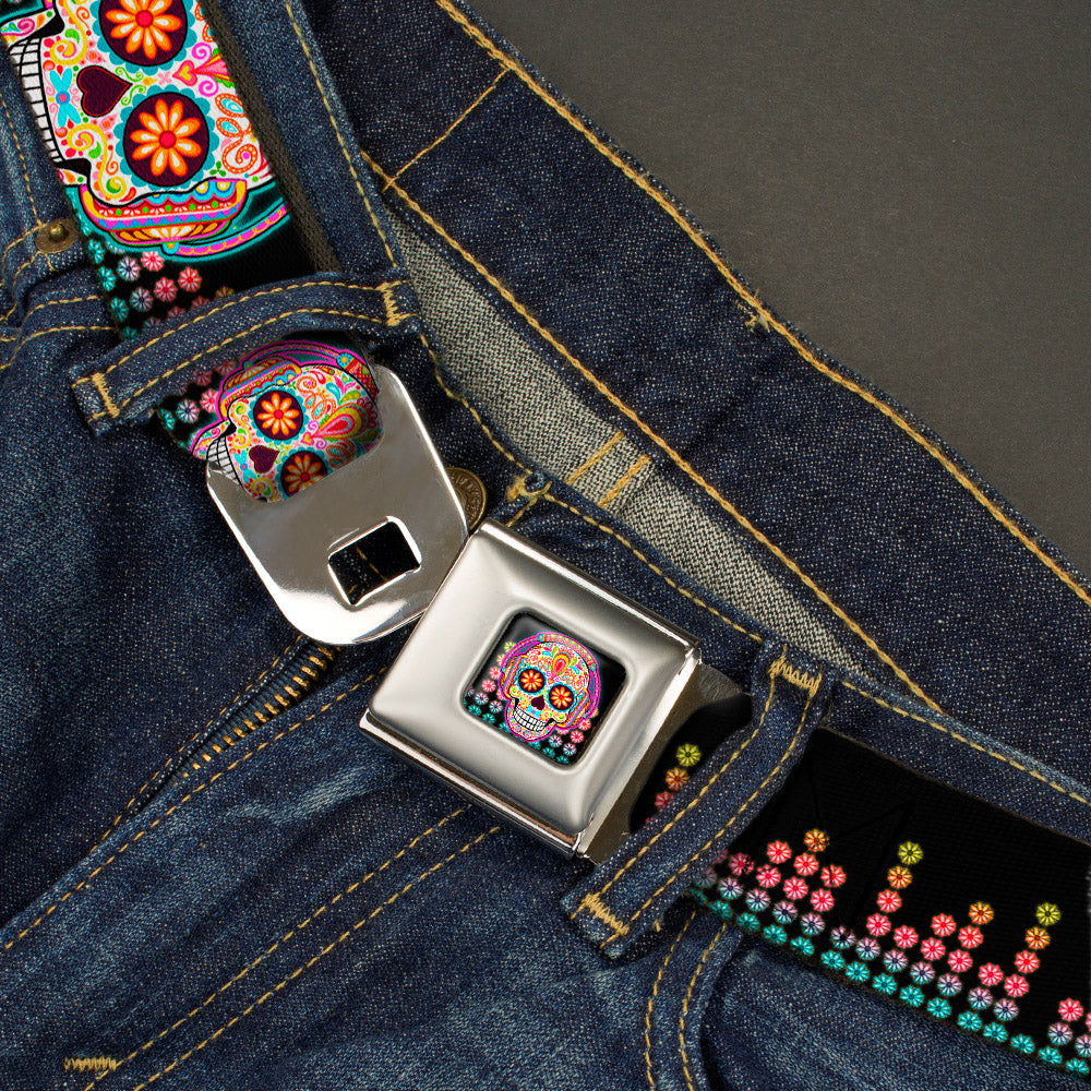 Tranquility Beats Calavera/Floral Equalizer Full Color Black/Multi Color Seatbelt Belt - Tranquility Beats Calaveras/Floral Equalizer Black/Multi Color Webbing Seatbelt Belts Thaneeya McArdle