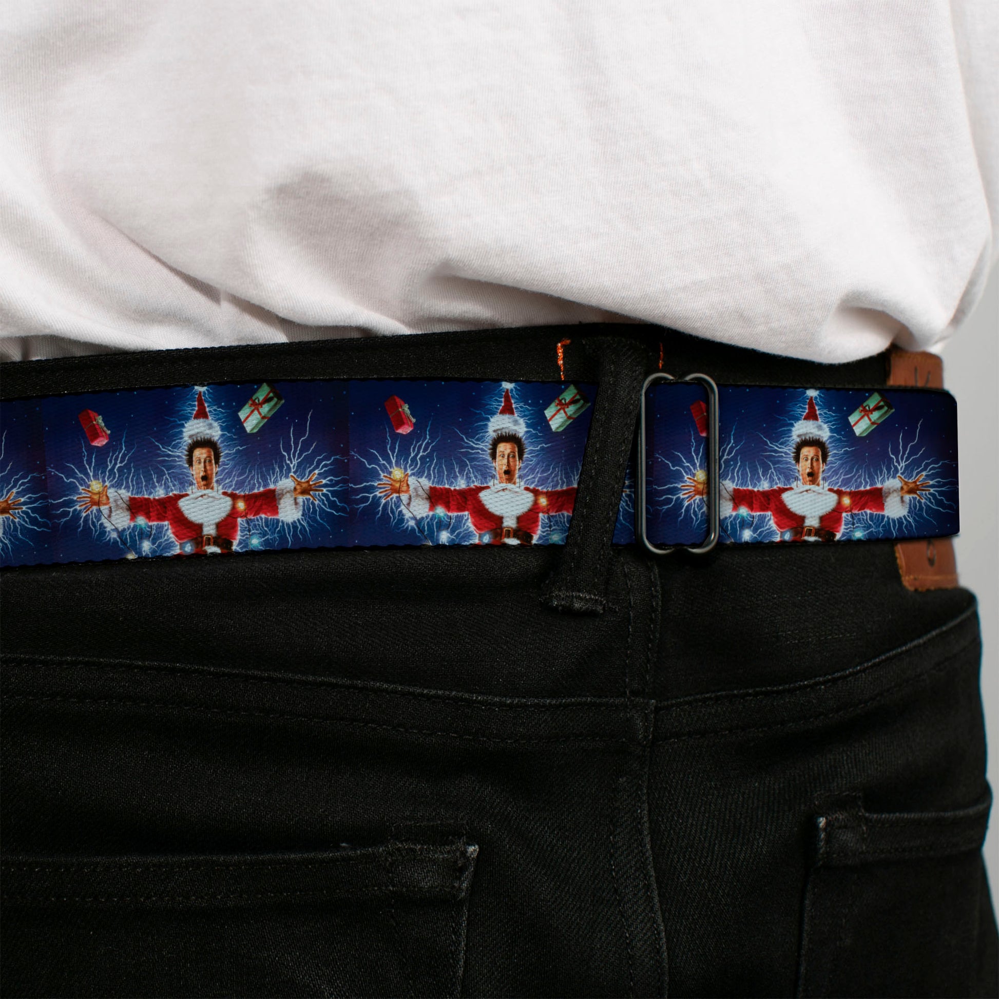 NATIONAL LAMPOON'S CHRISTMAS VACATION Title Logo Full Color Black Seatbelt Belt - National Lampoon's Christmas Vacation Santa Clark Shock Pose Webbing Seatbelt Belts National Lampoon's