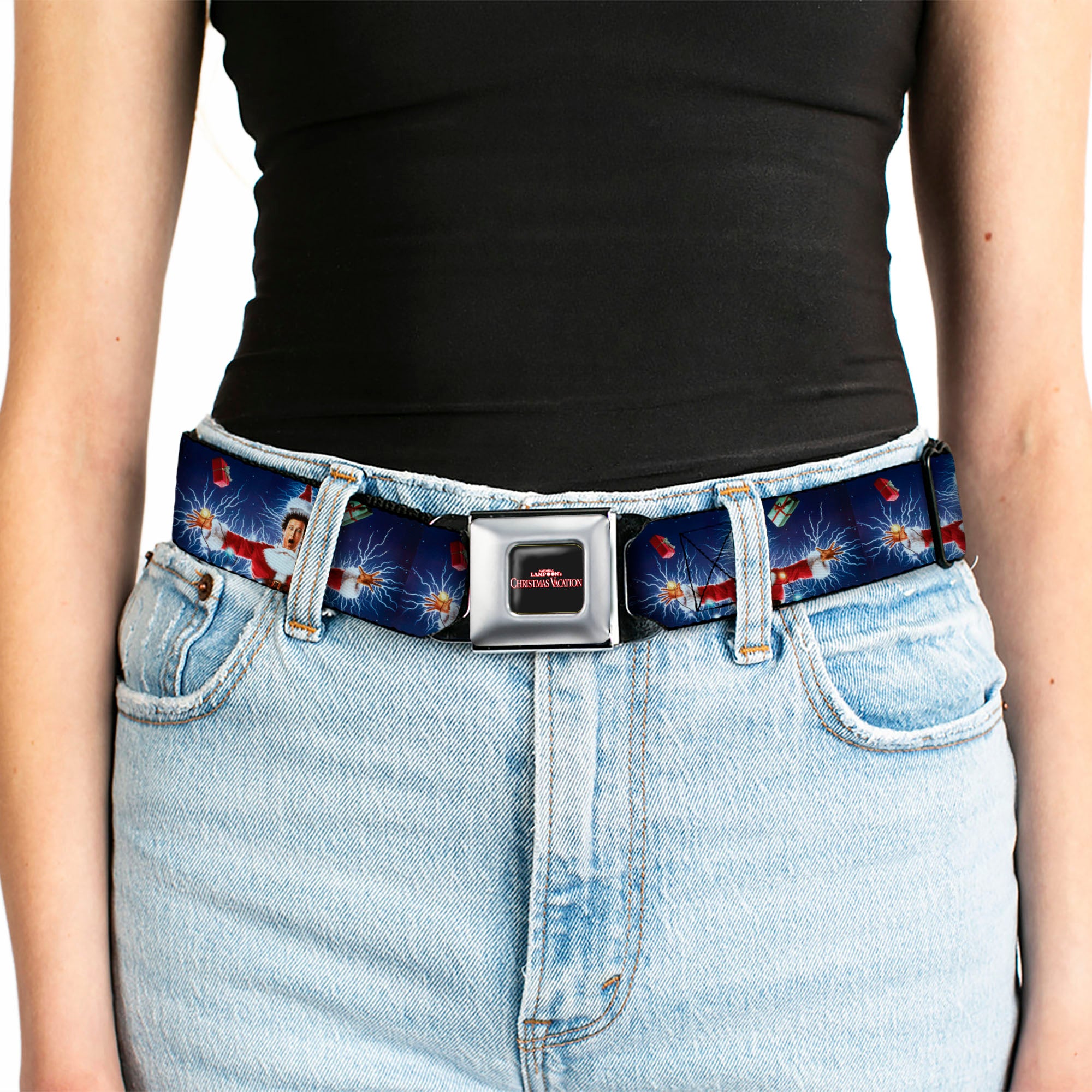 NATIONAL LAMPOON'S CHRISTMAS VACATION Title Logo Full Color Black Seatbelt Belt - National Lampoon's Christmas Vacation Santa Clark Shock Pose Webbing Seatbelt Belts National Lampoon's