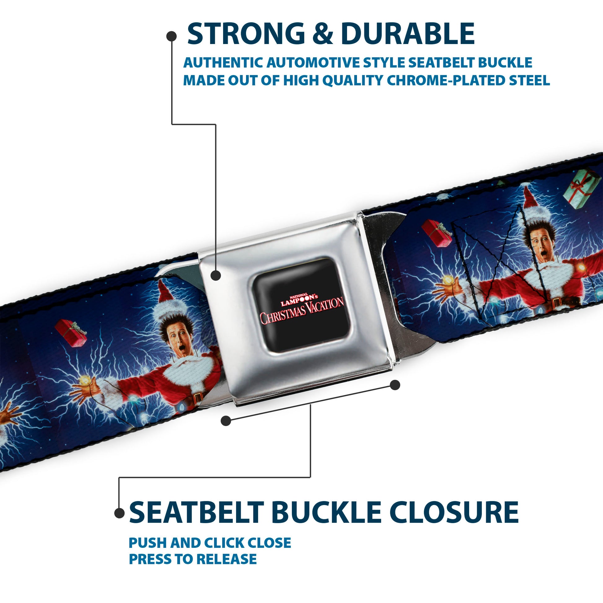 NATIONAL LAMPOON'S CHRISTMAS VACATION Title Logo Full Color Black Seatbelt Belt - National Lampoon's Christmas Vacation Santa Clark Shock Pose Webbing Seatbelt Belts National Lampoon's