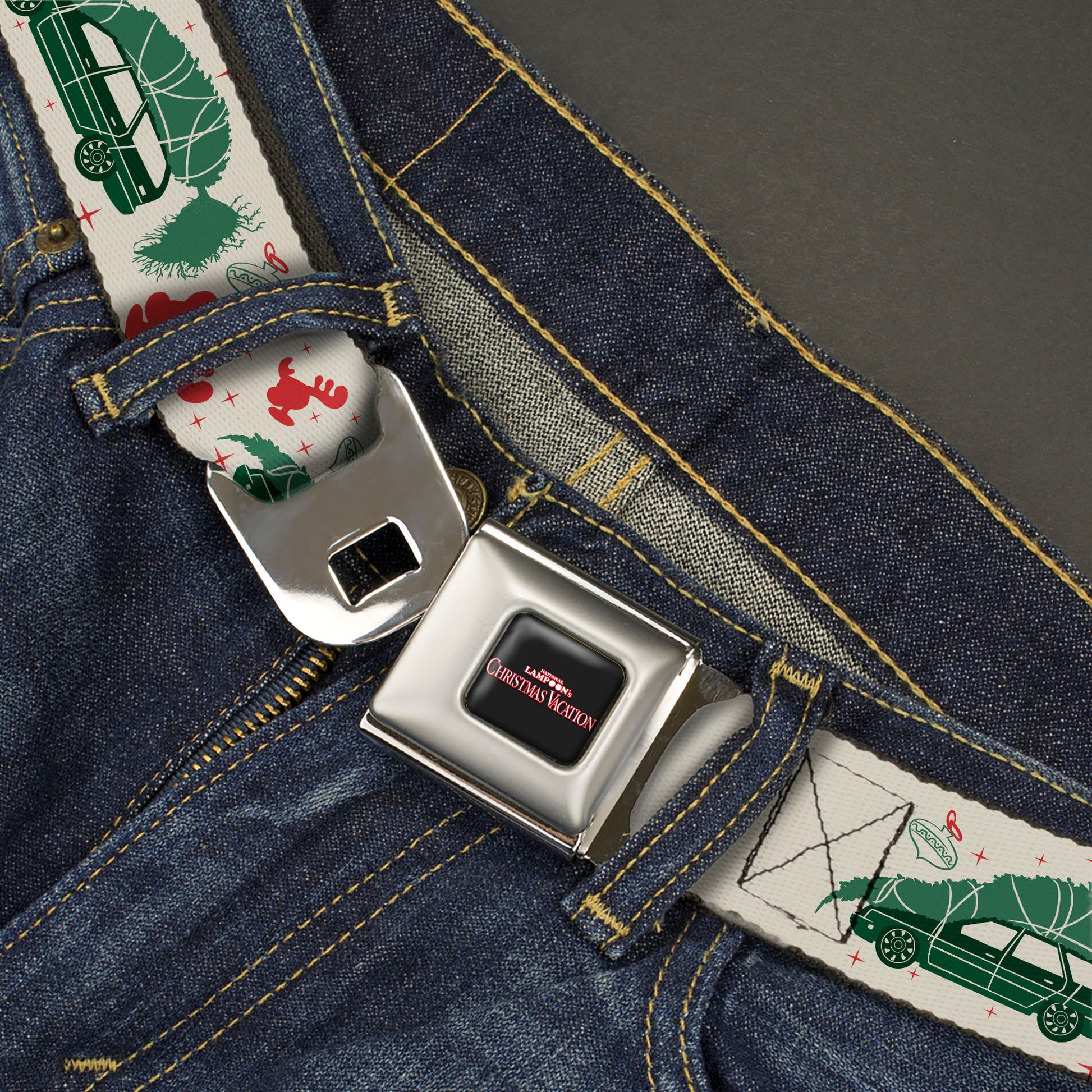 NATIONAL LAMPOON'S CHRISTMAS VACATION Title Logo Full Color Black Seatbelt Belt - National Lampoon's Christmas Vacation Icons Collage White/Green/Red Webbing Seatbelt Belts National Lampoon's