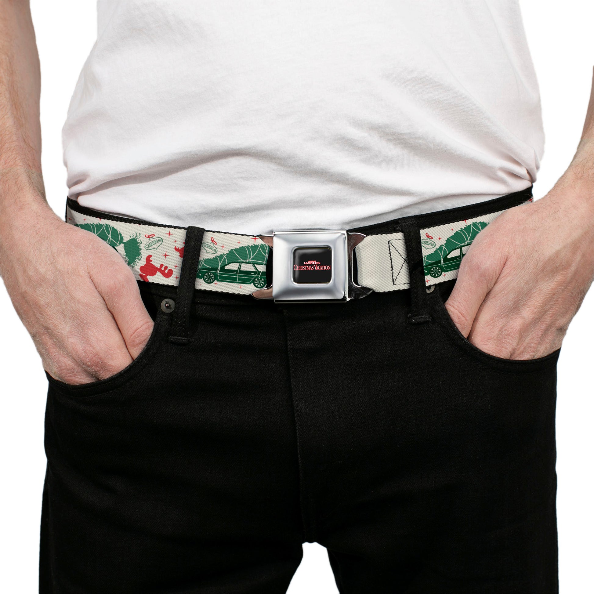 NATIONAL LAMPOON'S CHRISTMAS VACATION Title Logo Full Color Black Seatbelt Belt - National Lampoon's Christmas Vacation Icons Collage White/Green/Red Webbing Seatbelt Belts National Lampoon's