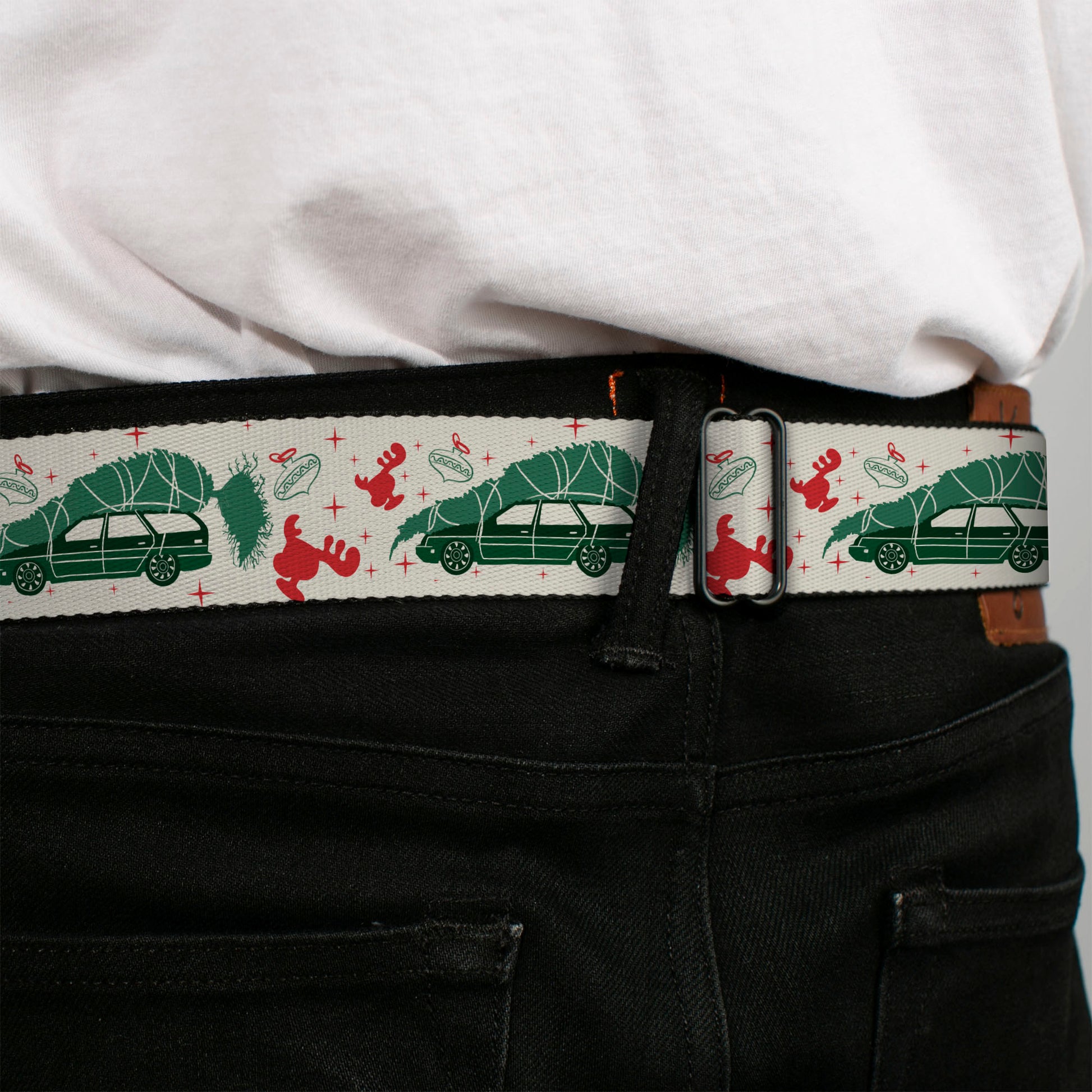 NATIONAL LAMPOON'S CHRISTMAS VACATION Title Logo Full Color Black Seatbelt Belt - National Lampoon's Christmas Vacation Icons Collage White/Green/Red Webbing Seatbelt Belts National Lampoon's
