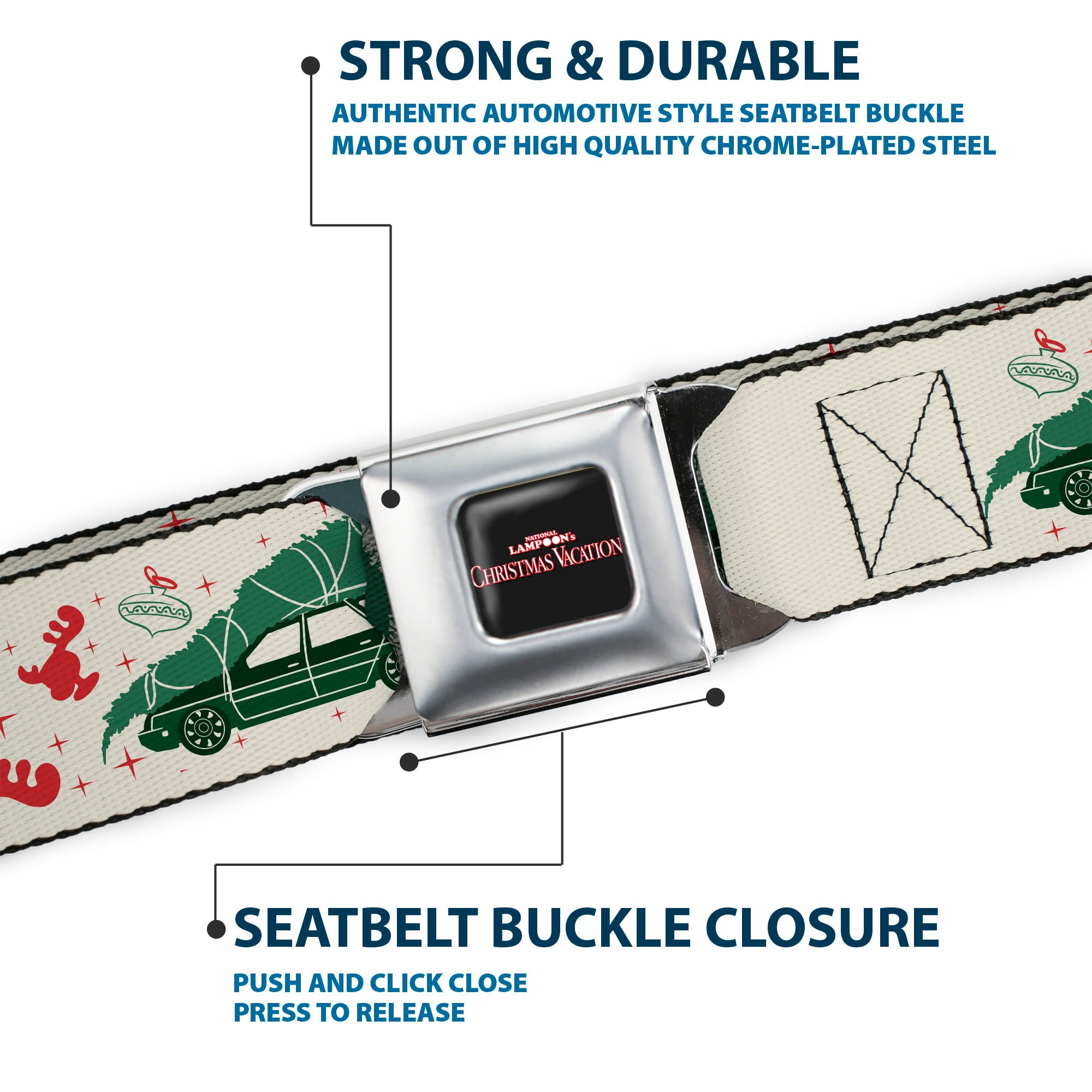 NATIONAL LAMPOON'S CHRISTMAS VACATION Title Logo Full Color Black Seatbelt Belt - National Lampoon's Christmas Vacation Icons Collage White/Green/Red Webbing Seatbelt Belts National Lampoon's