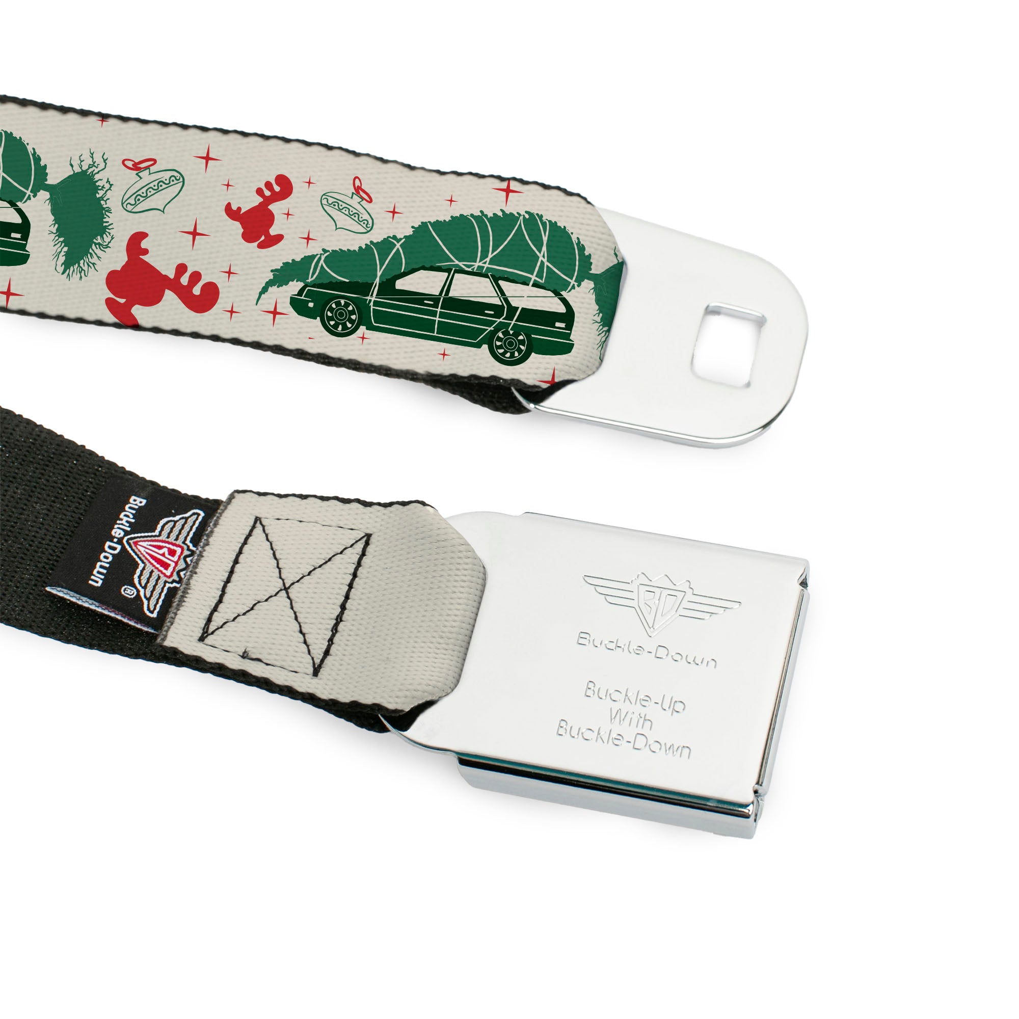 NATIONAL LAMPOON'S CHRISTMAS VACATION Title Logo Full Color Black Seatbelt Belt - National Lampoon's Christmas Vacation Icons Collage White/Green/Red Webbing Seatbelt Belts National Lampoon's