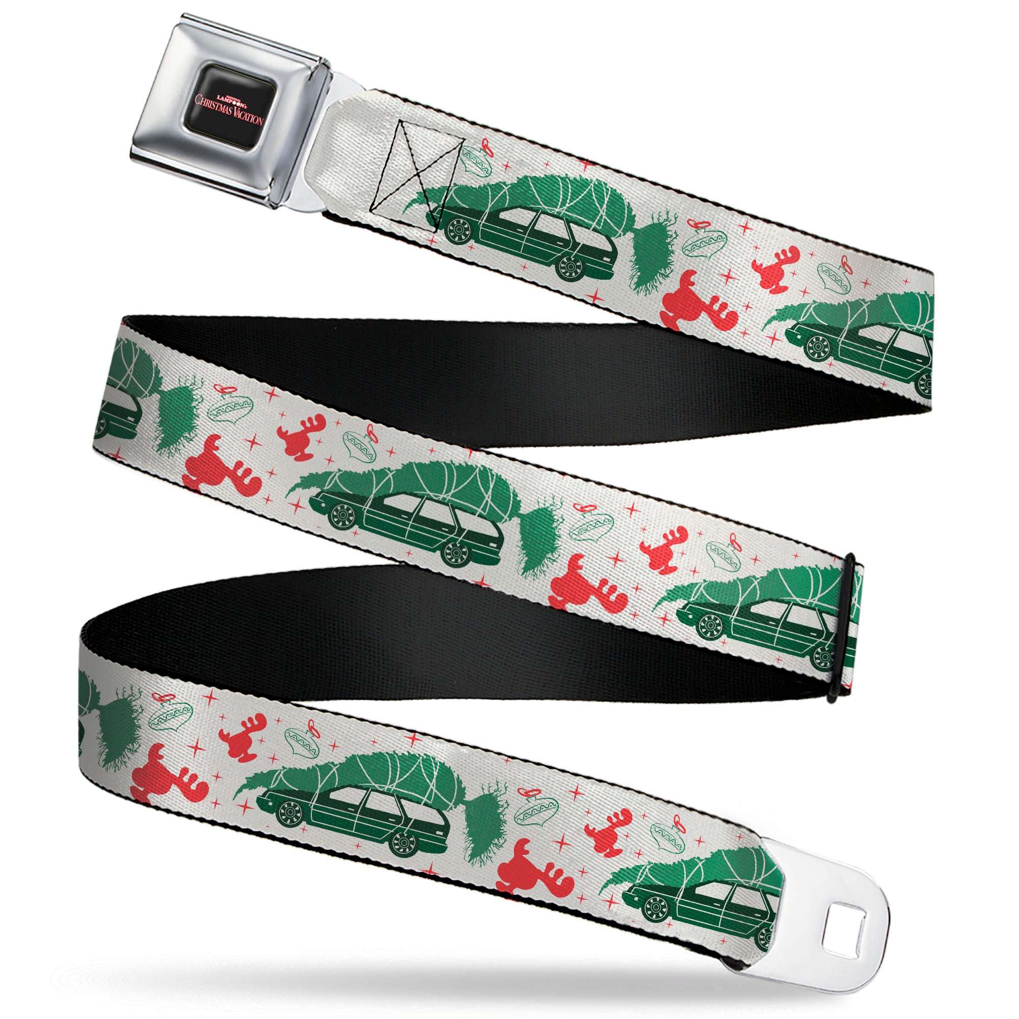 NATIONAL LAMPOON'S CHRISTMAS VACATION Title Logo Full Color Black Seatbelt Belt - National Lampoon's Christmas Vacation Icons Collage White/Green/Red Webbing Seatbelt Belts National Lampoon's