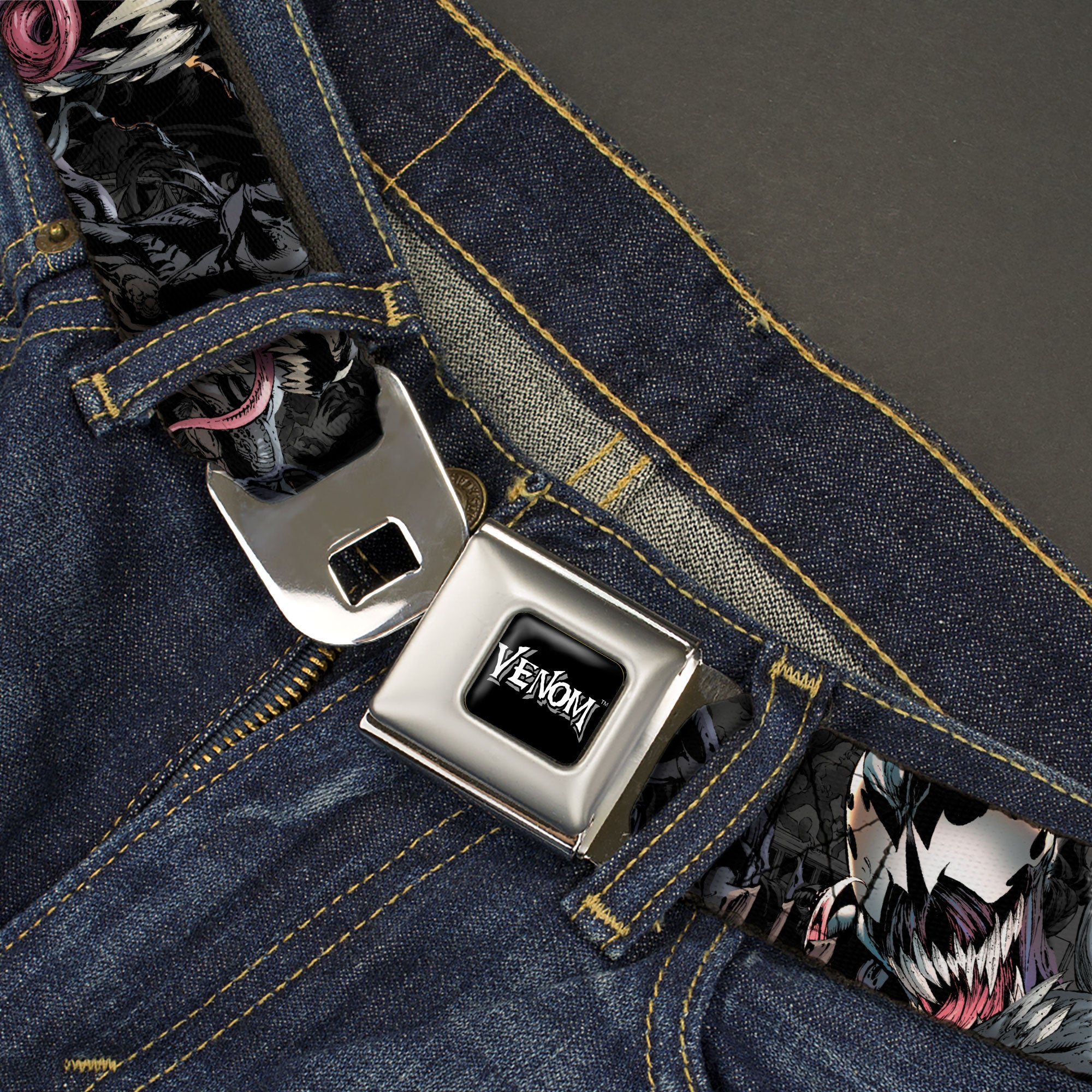 VENOM Full Color Black/White Seatbelt Belt - Venom Poses CLOSE-UP Webbing