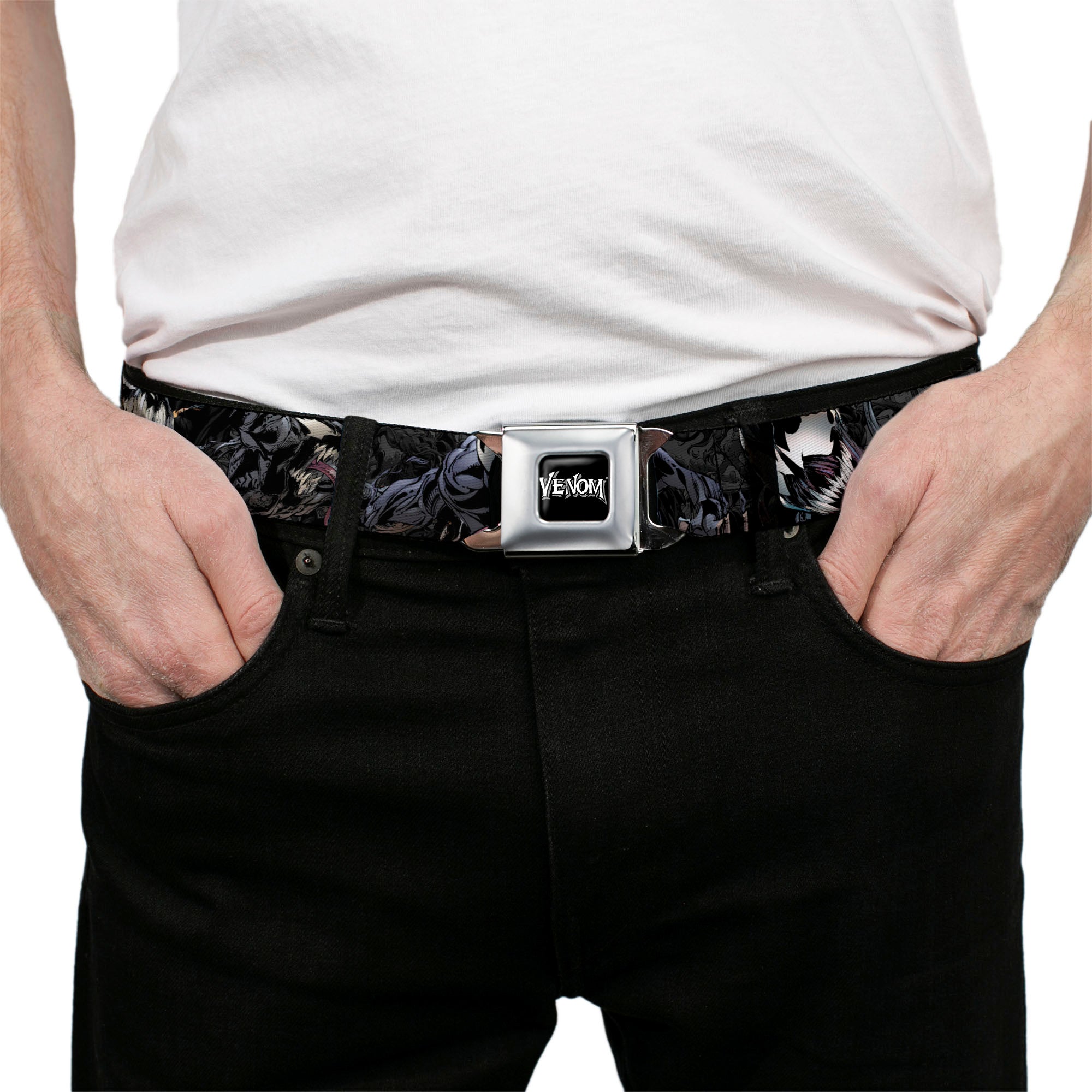 VENOM Full Color Black/White Seatbelt Belt - Venom Poses CLOSE-UP Webbing