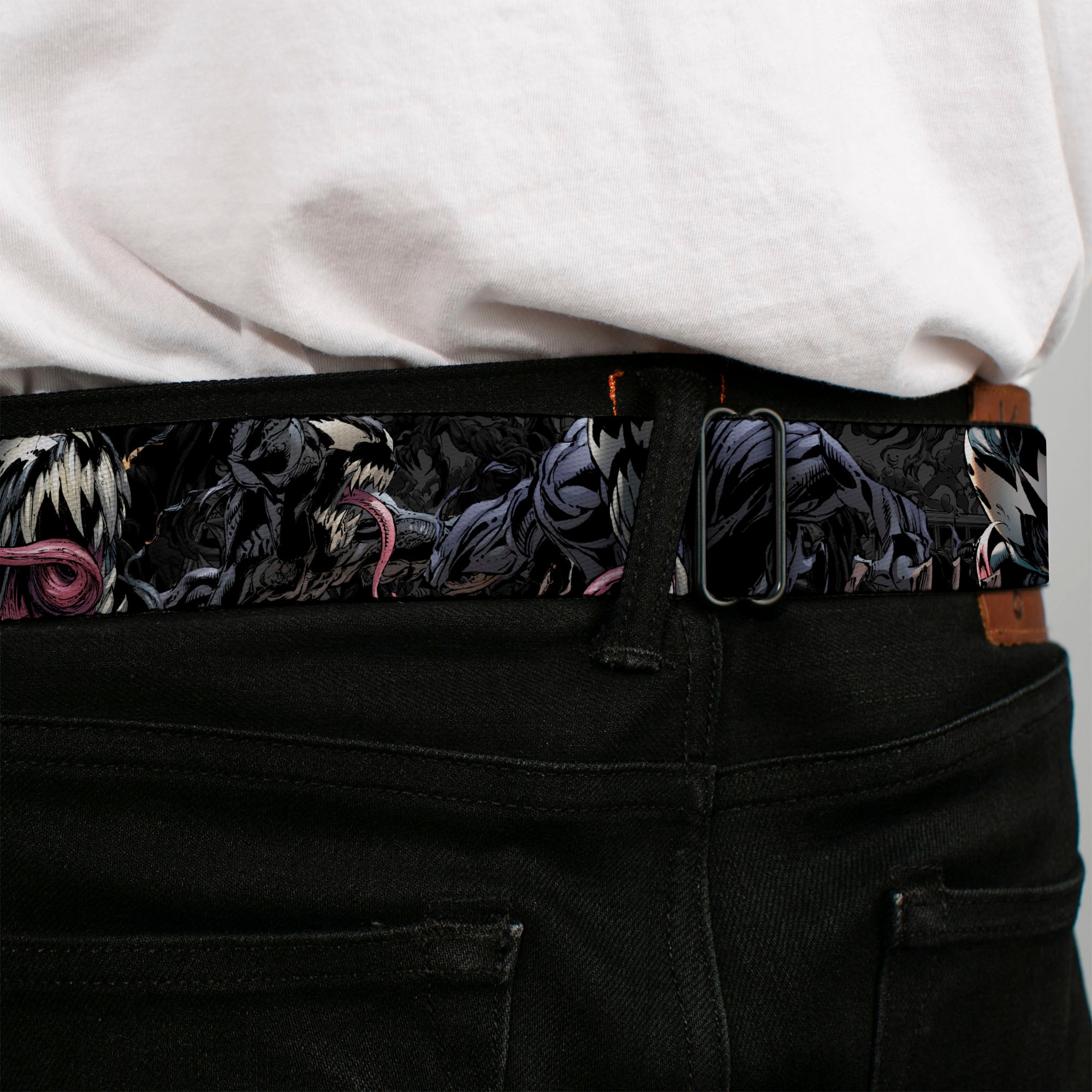 VENOM Full Color Black/White Seatbelt Belt - Venom Poses CLOSE-UP Webbing