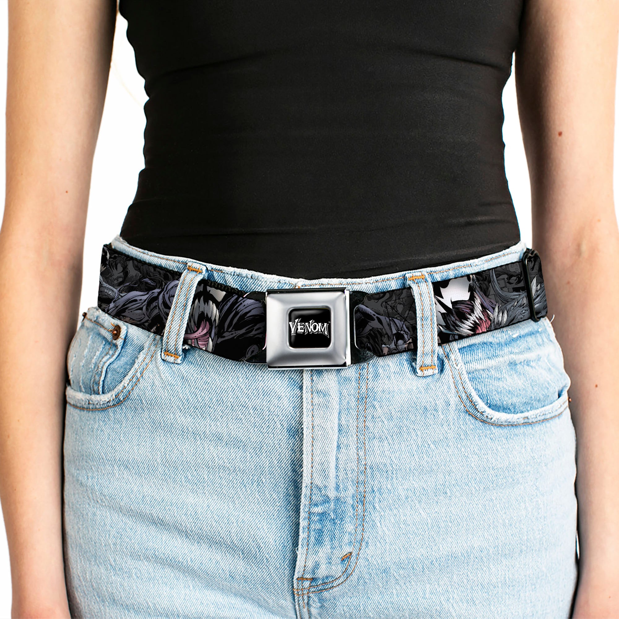 VENOM Full Color Black/White Seatbelt Belt - Venom Poses CLOSE-UP Webbing
