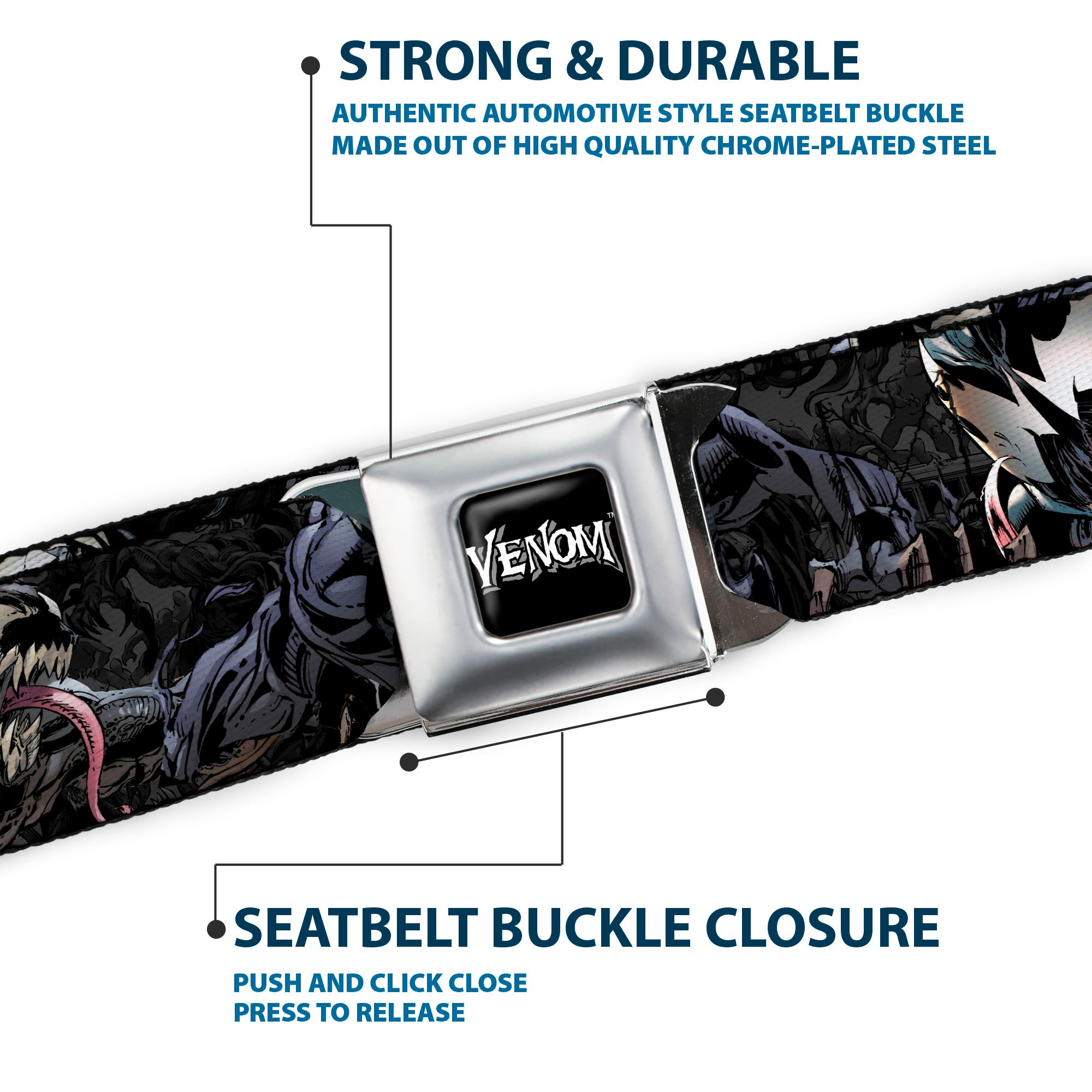 VENOM Full Color Black/White Seatbelt Belt - Venom Poses CLOSE-UP Webbing