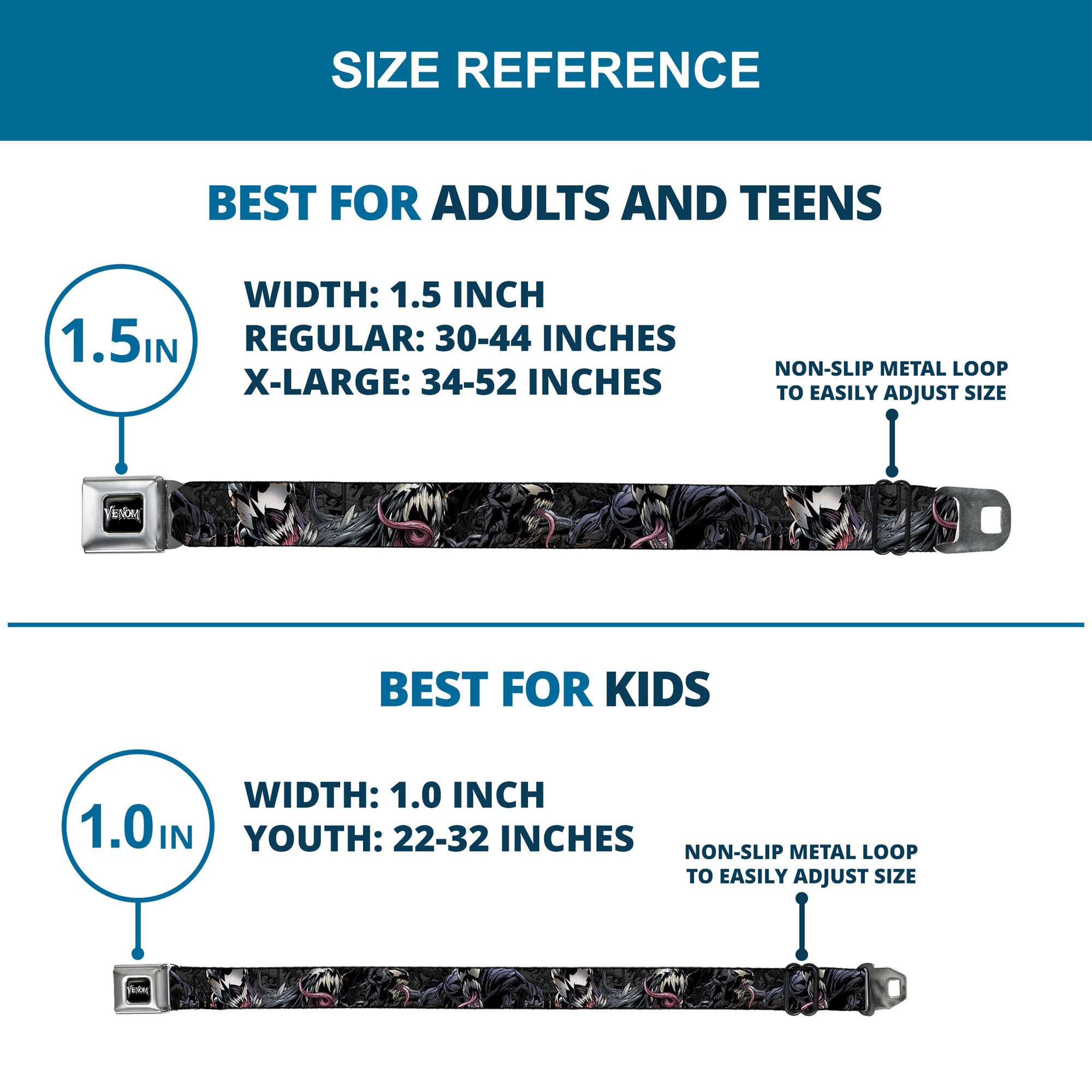 VENOM Full Color Black/White Seatbelt Belt - Venom Poses CLOSE-UP Webbing