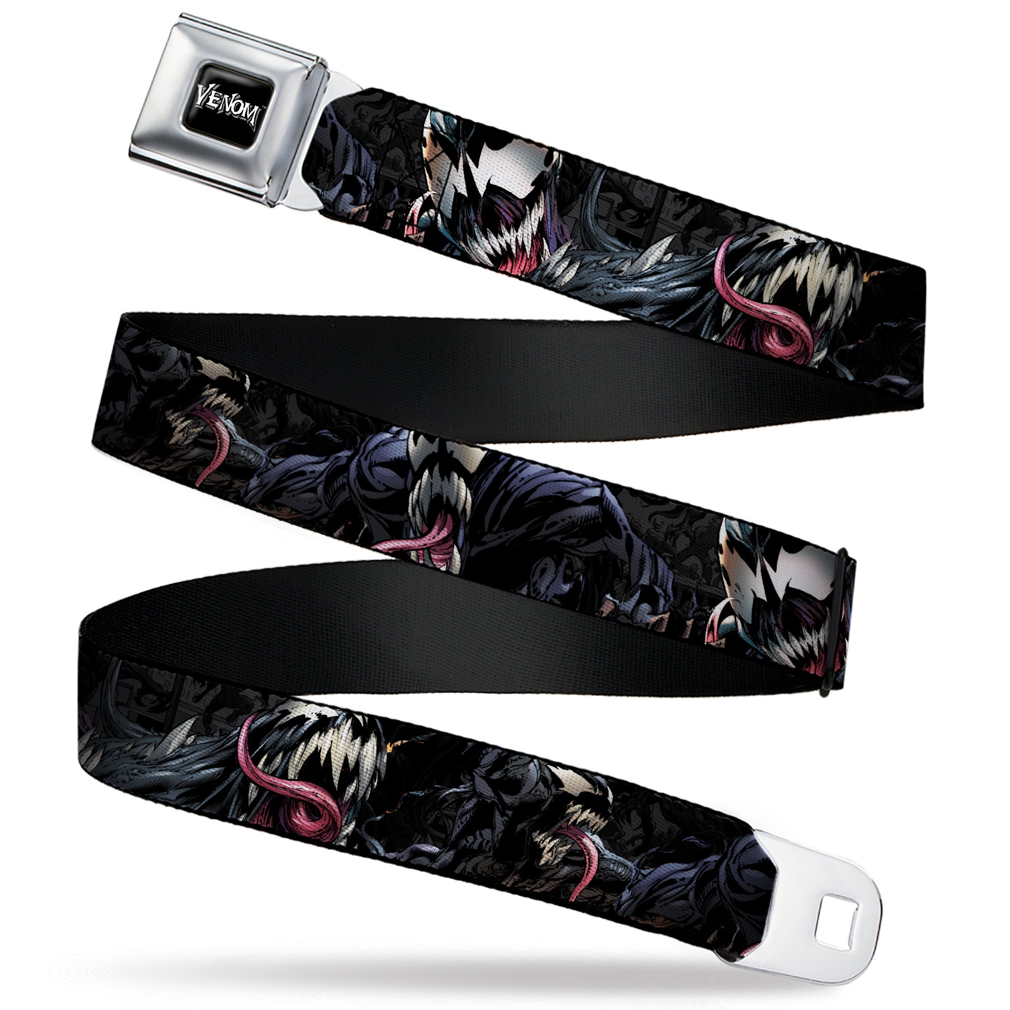 VENOM Full Color Black/White Seatbelt Belt - Venom Poses CLOSE-UP Webbing