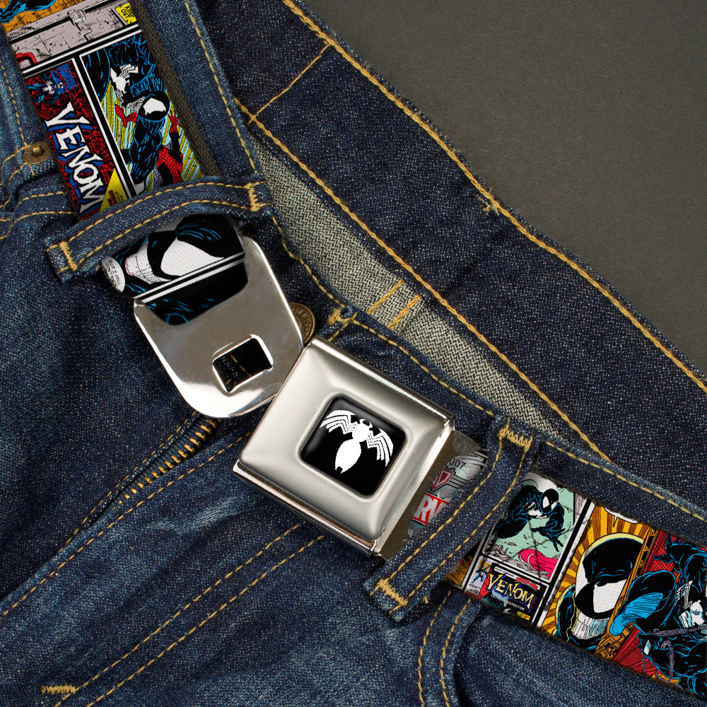 Venom Spider Logo Full Color Black/White Seatbelt Belt - Venom Comic Book Panels Webbing
