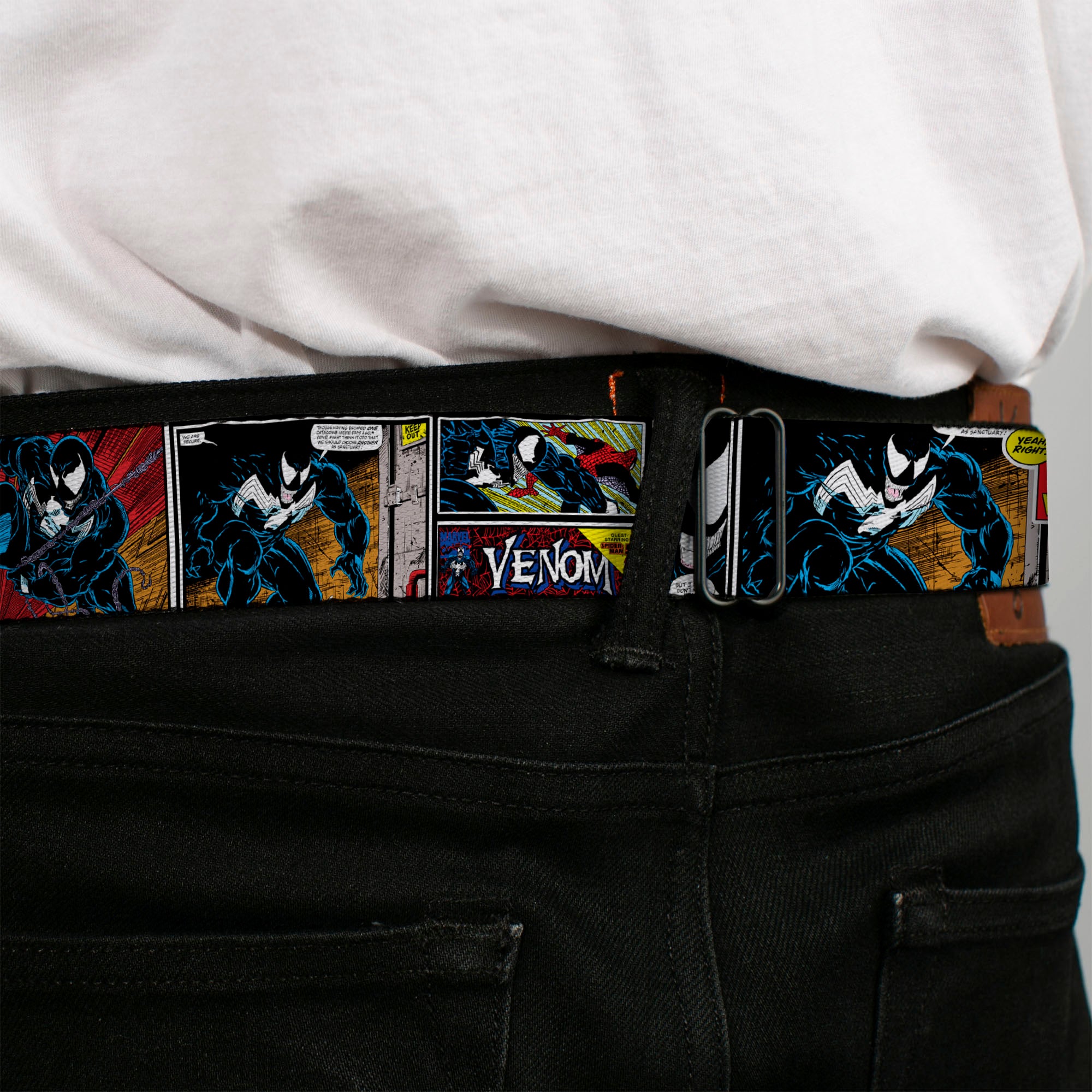 Venom Spider Logo Full Color Black/White Seatbelt Belt - Venom Comic Book Panels Webbing