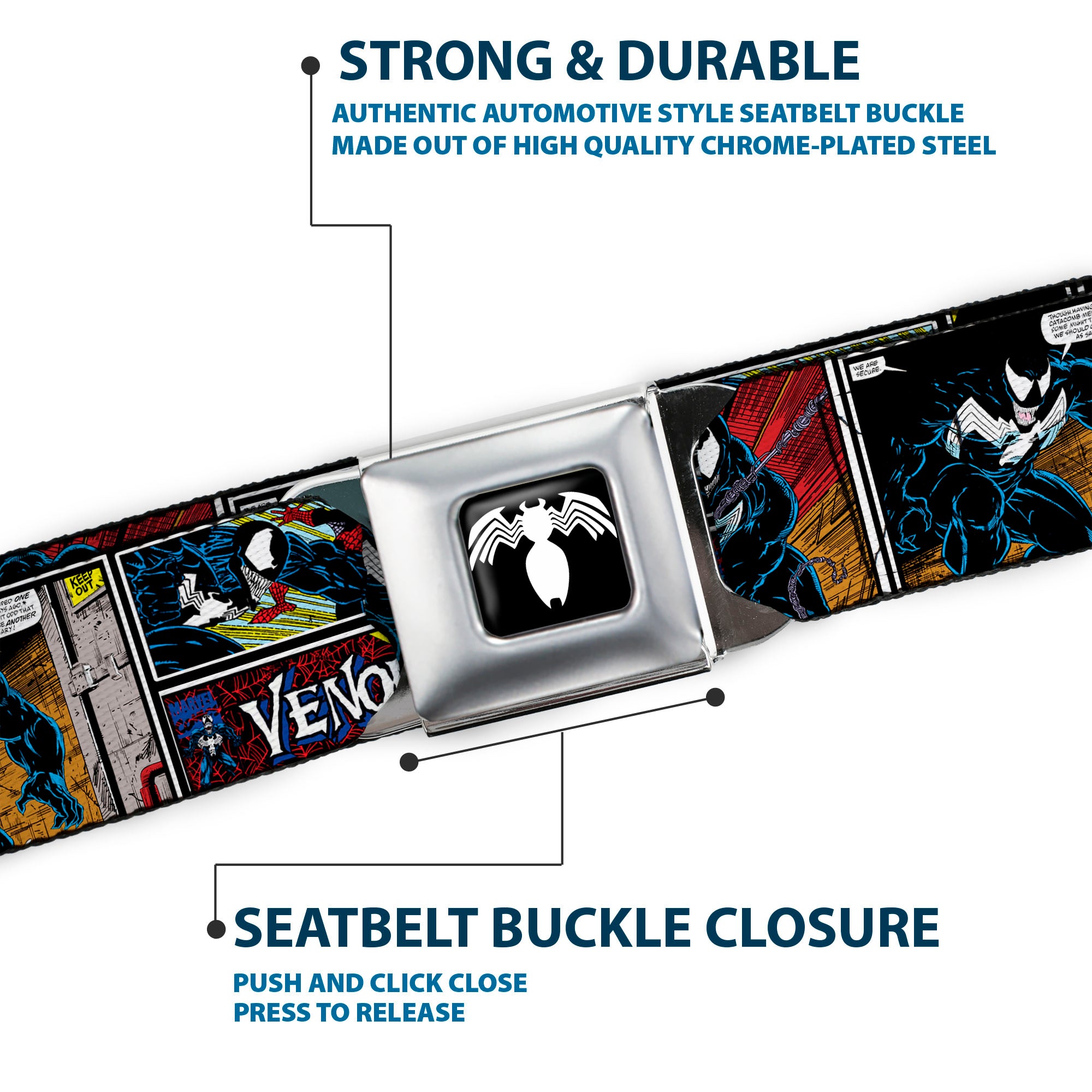 Venom Spider Logo Full Color Black/White Seatbelt Belt - Venom Comic Book Panels Webbing