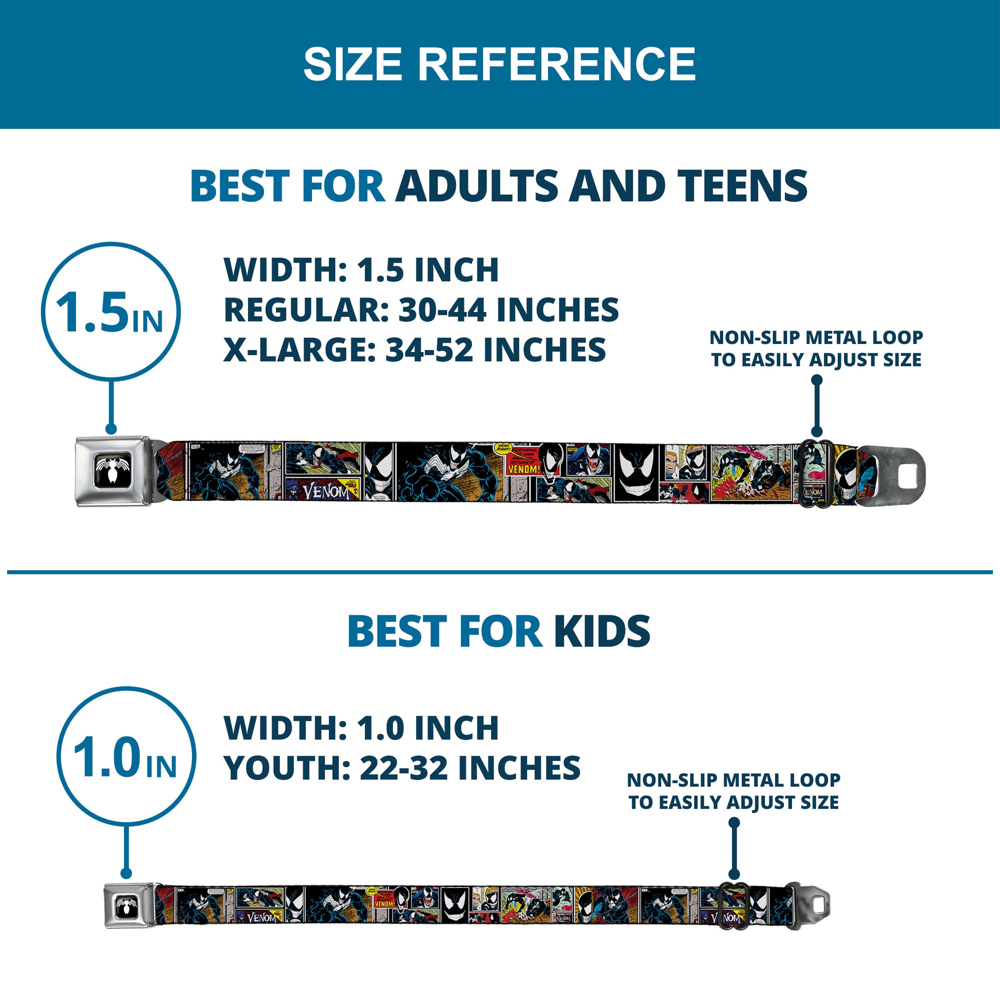 Venom Spider Logo Full Color Black/White Seatbelt Belt - Venom Comic Book Panels Webbing