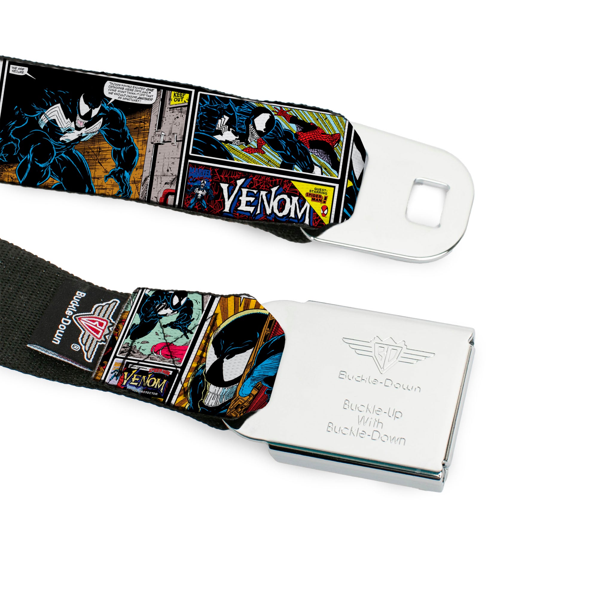Venom Spider Logo Full Color Black/White Seatbelt Belt - Venom Comic Book Panels Webbing