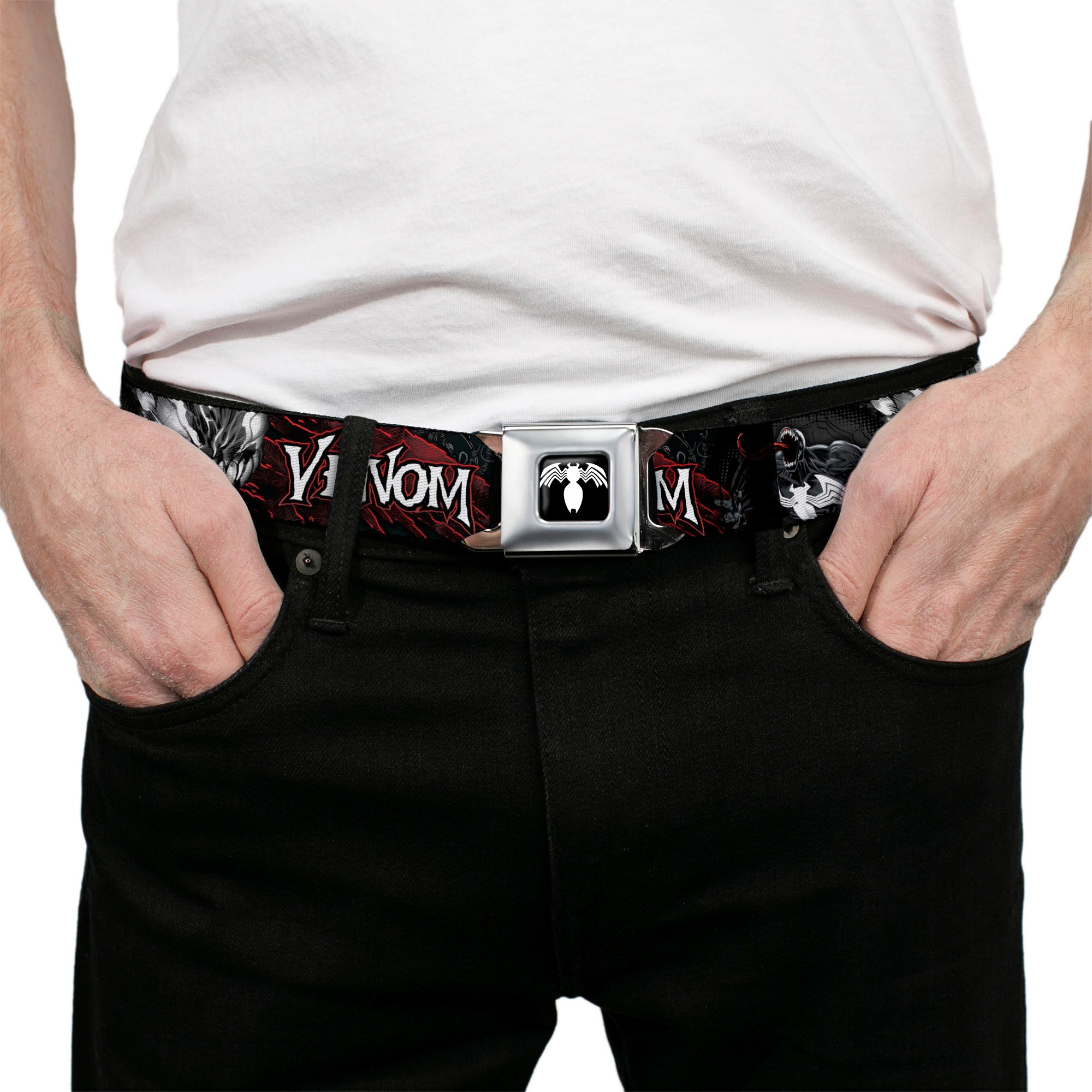 Venom Spider Logo Full Color Black/White Seatbelt Belt - VENOM Pose/Expression Gray/Black/Red/White Webbing