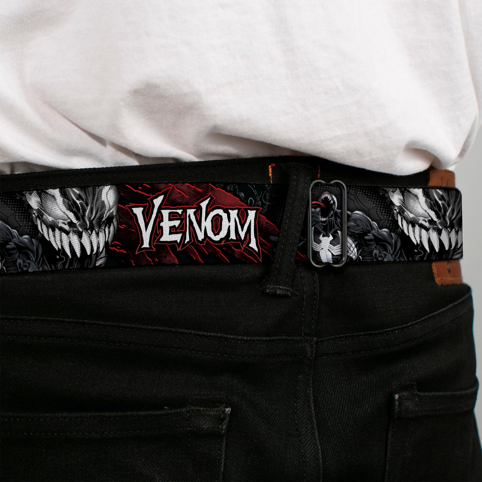 Venom Spider Logo Full Color Black/White Seatbelt Belt - VENOM Pose/Expression Gray/Black/Red/White Webbing