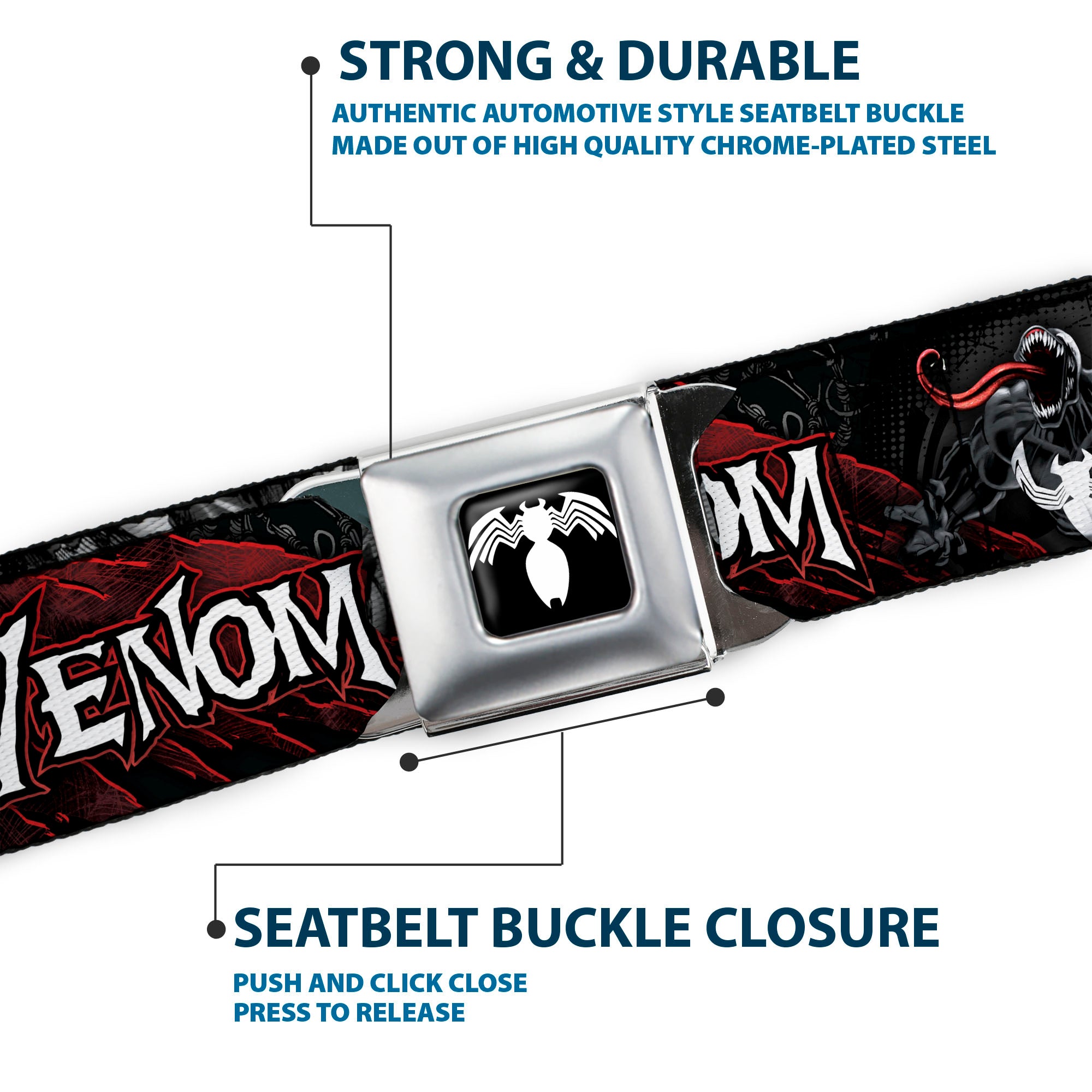 Venom Spider Logo Full Color Black/White Seatbelt Belt - VENOM Pose/Expression Gray/Black/Red/White Webbing