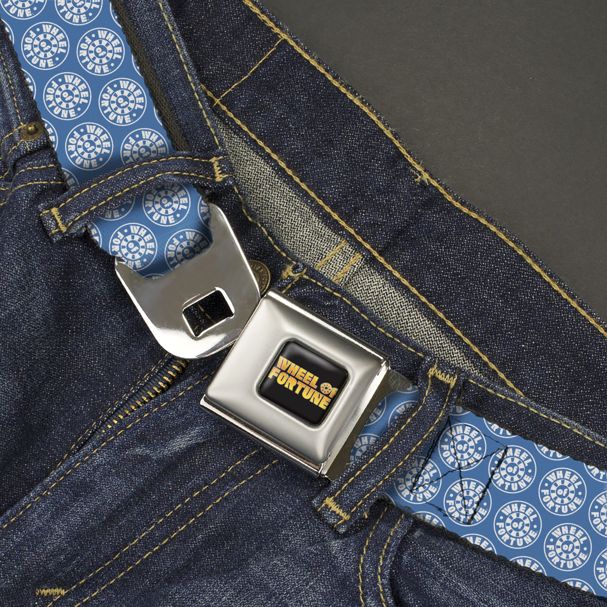 WHEEL OF FORTUNE Title Logo Full Color Black/Yellows Seatbelt Belt - WHEEL OF FORTUNE Monogram Logo Blue/White Webbing Seatbelt Belts Wheel of Fortune