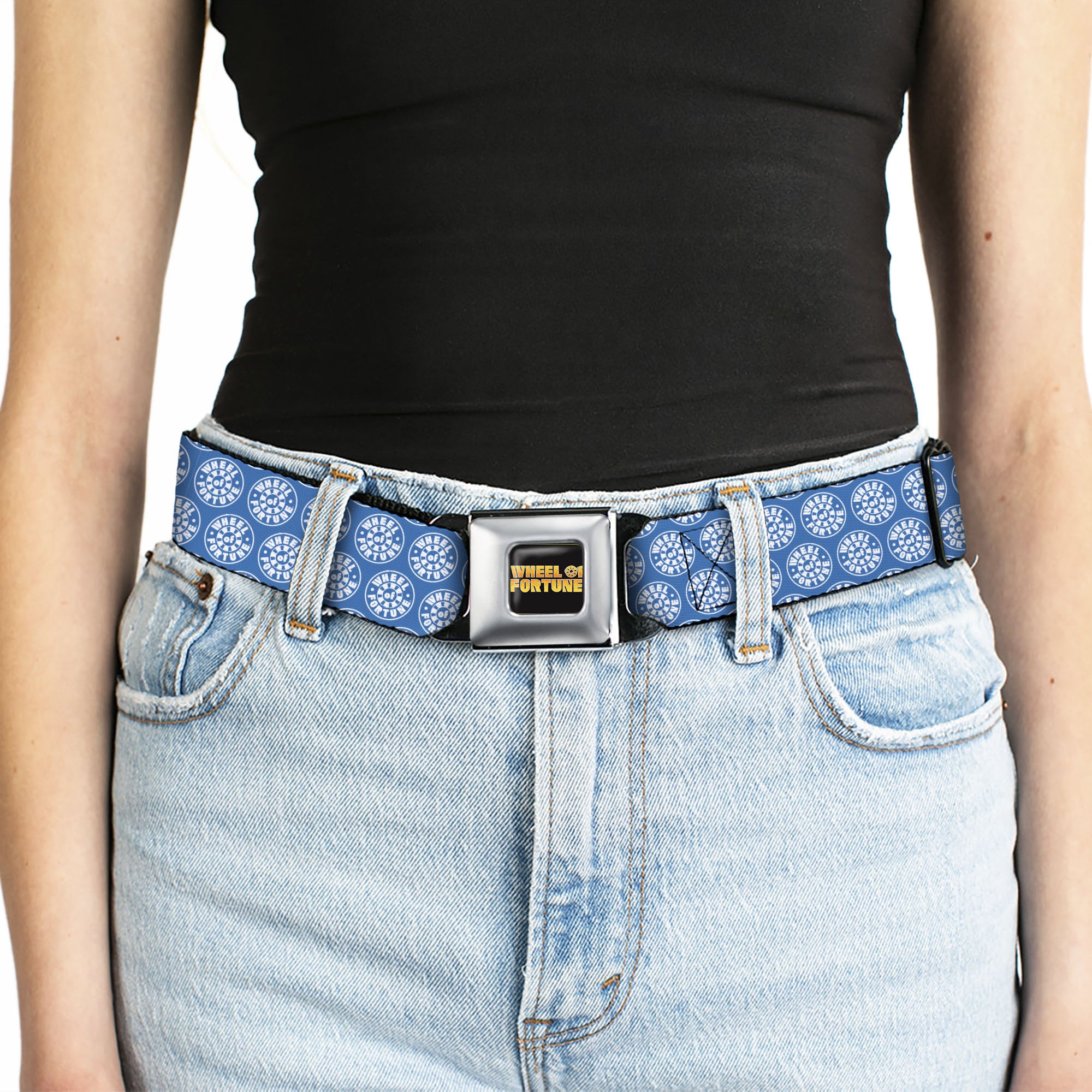 WHEEL OF FORTUNE Title Logo Full Color Black/Yellows Seatbelt Belt - WHEEL OF FORTUNE Monogram Logo Blue/White Webbing Seatbelt Belts Wheel of Fortune