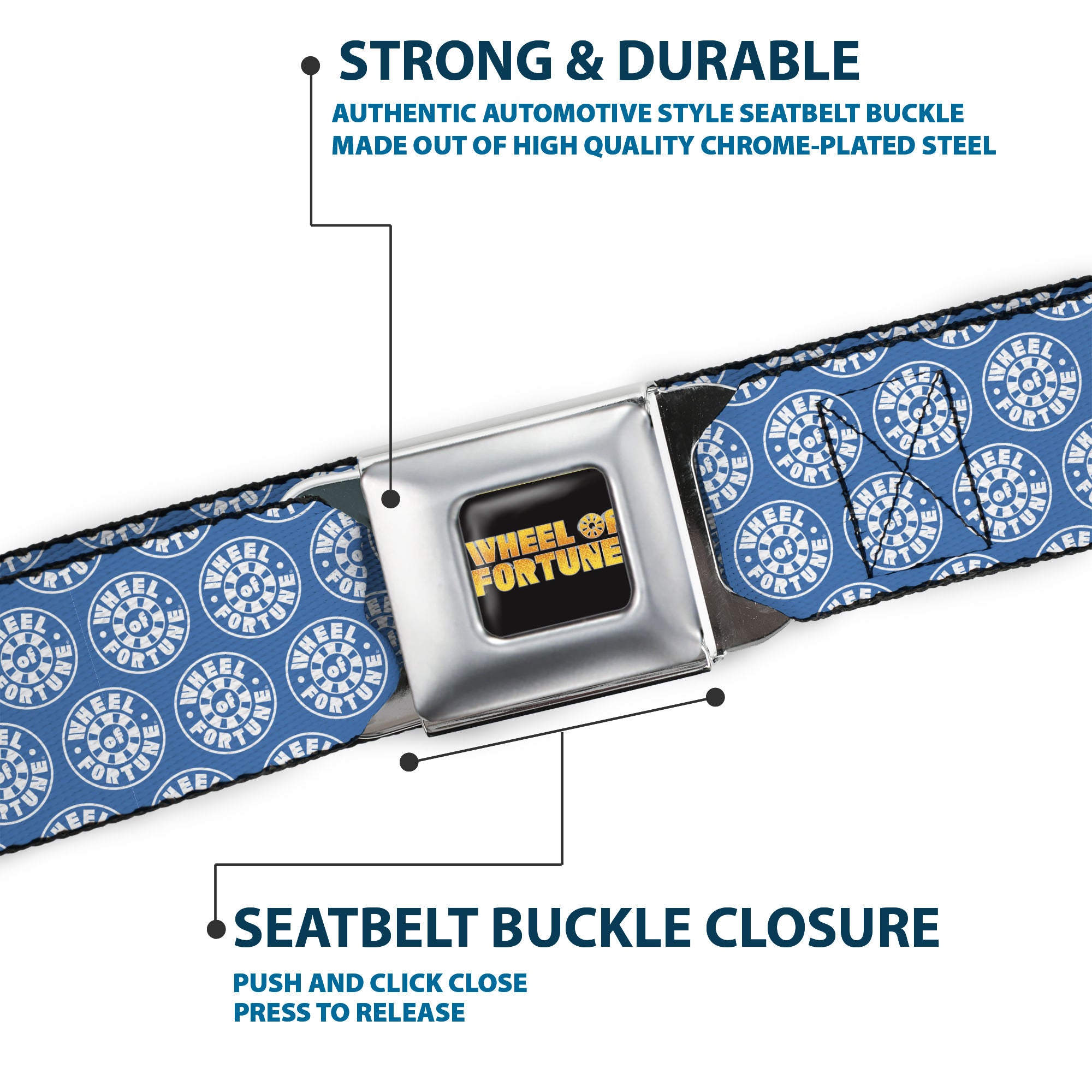 WHEEL OF FORTUNE Title Logo Full Color Black/Yellows Seatbelt Belt - WHEEL OF FORTUNE Monogram Logo Blue/White Webbing Seatbelt Belts Wheel of Fortune