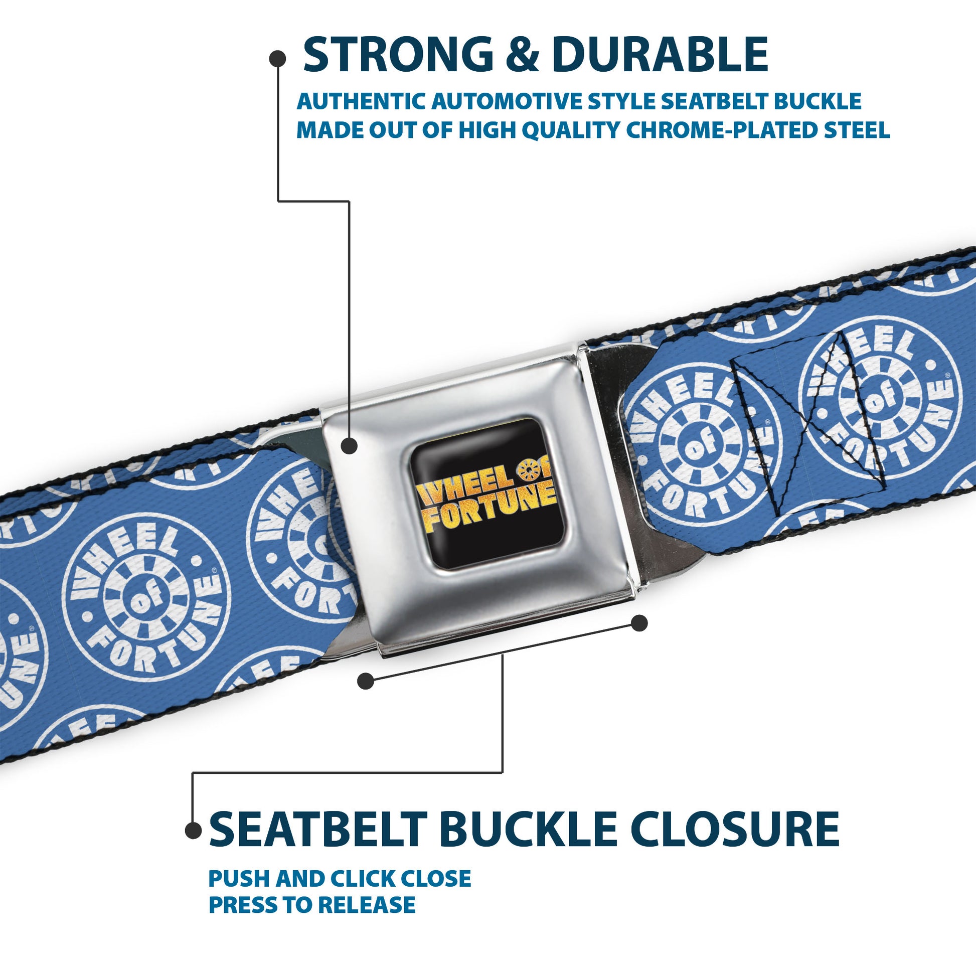 WHEEL OF FORTUNE Title Logo Full Color Black/Yellows Seatbelt Belt - WHEEL OF FORTUNE Logo Blue/White Webbing Seatbelt Belts Wheel of Fortune