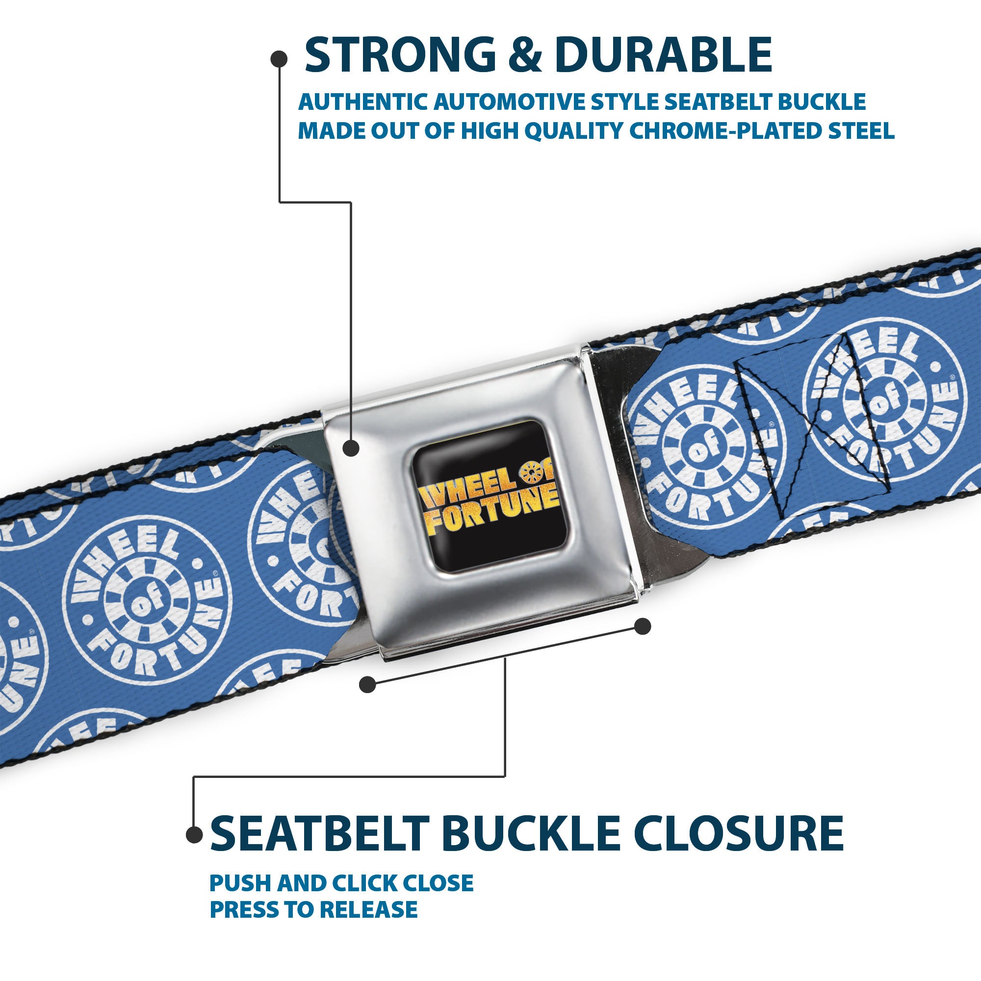 WHEEL OF FORTUNE Title Logo Full Color Black/Yellows Seatbelt Belt - WHEEL OF FORTUNE Logo Blue/White Webbing Seatbelt Belts Wheel of Fortune