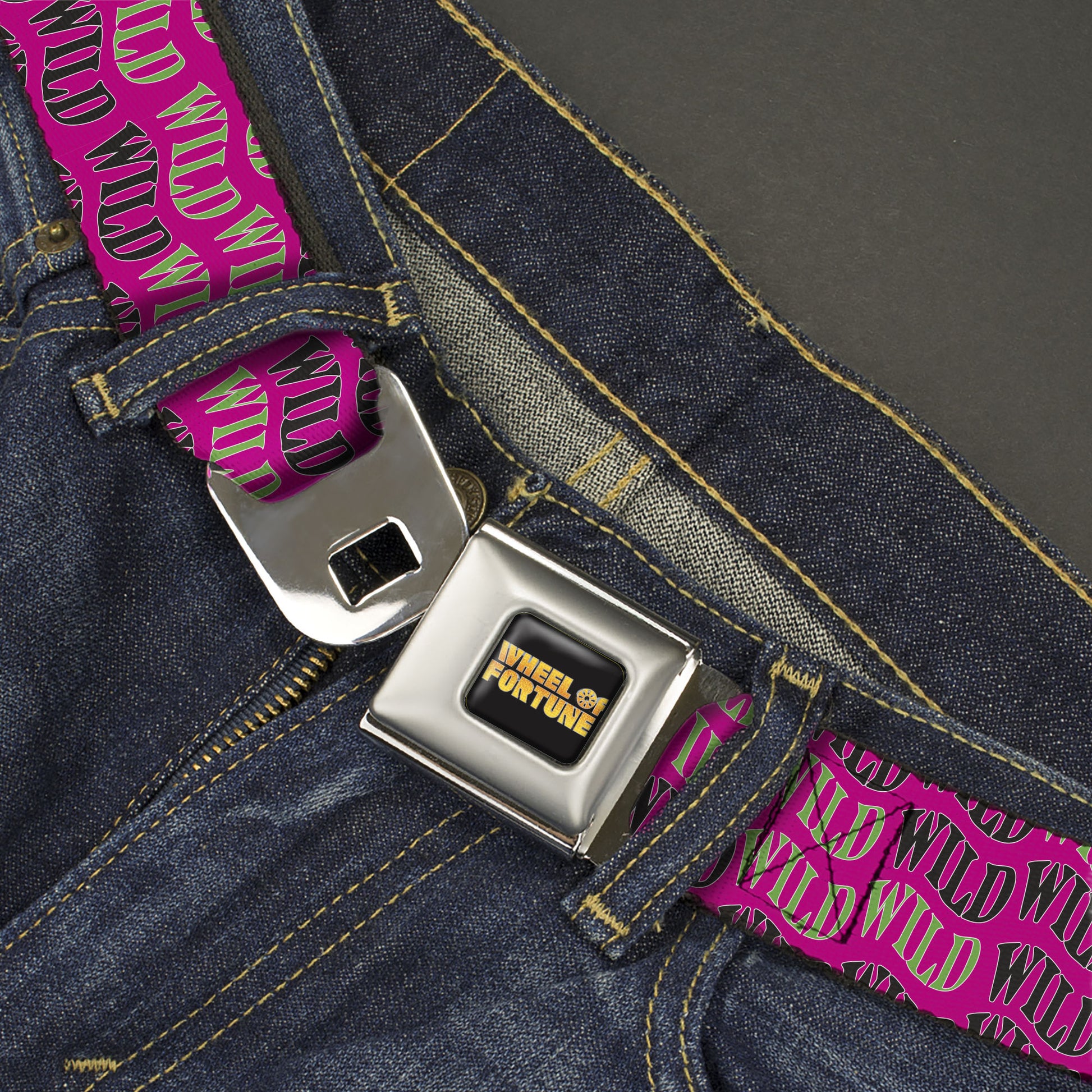 WHEEL OF FORTUNE Title Logo Full Color Black/Yellows Seatbelt Belt - Wheel of Fortune WILD Text Wave Pink/Green/Black Webbing Seatbelt Belts Wheel of Fortune
