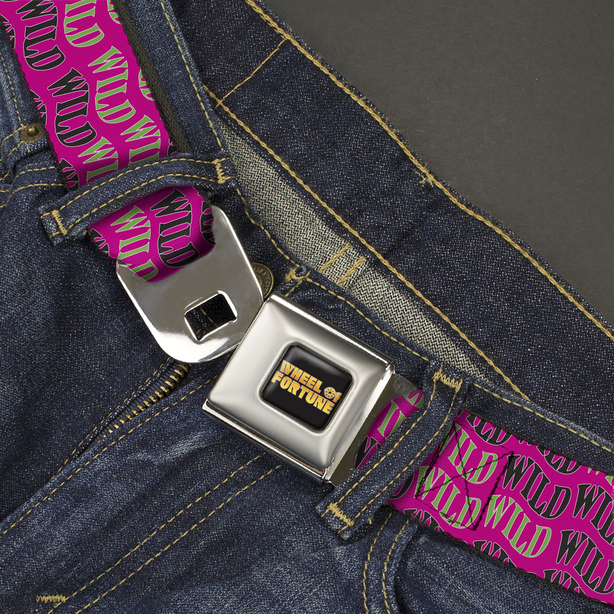 WHEEL OF FORTUNE Title Logo Full Color Black/Yellows Seatbelt Belt - Wheel of Fortune WILD Text Wave Pink/Green/Black Webbing Seatbelt Belts Wheel of Fortune