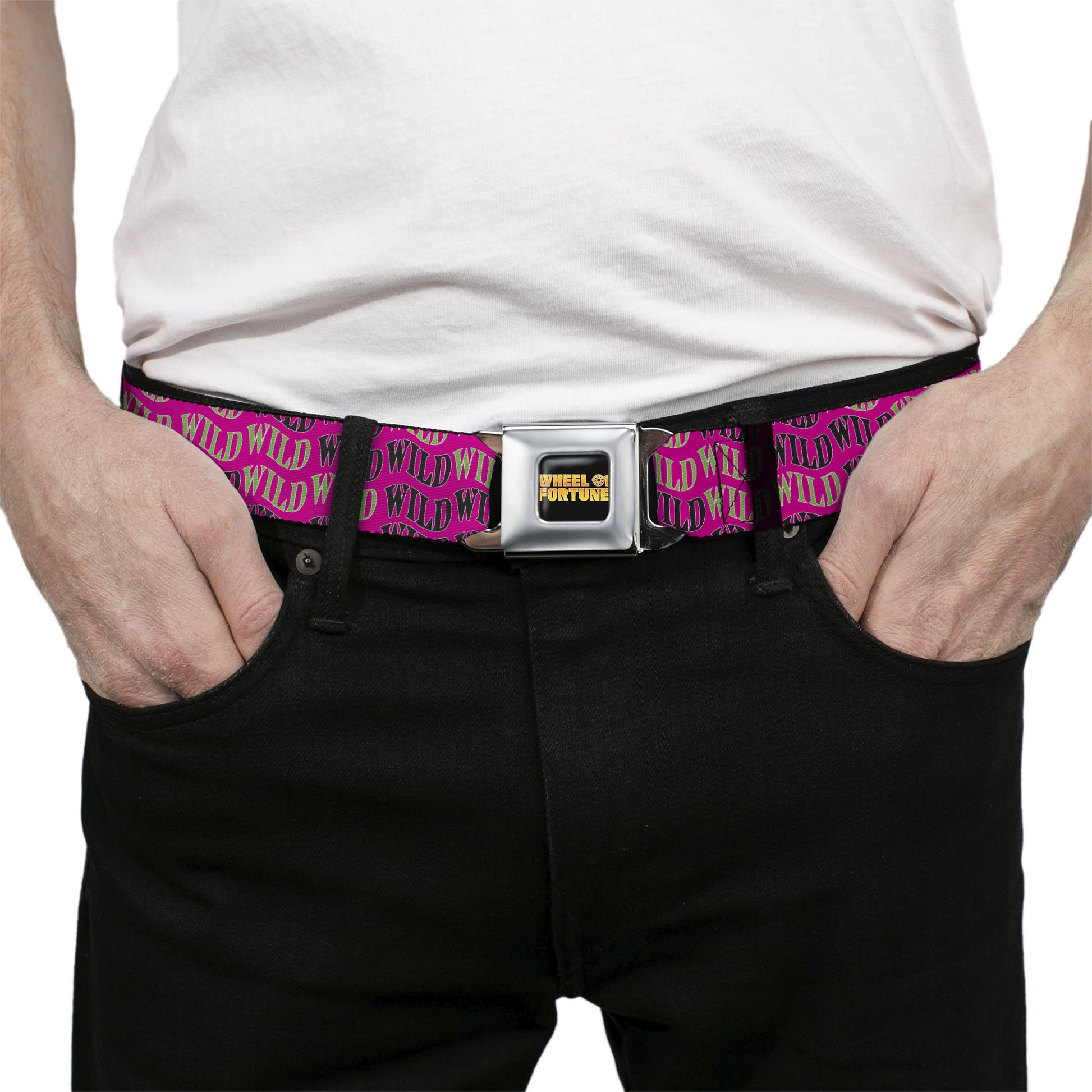 WHEEL OF FORTUNE Title Logo Full Color Black/Yellows Seatbelt Belt - Wheel of Fortune WILD Text Wave Pink/Green/Black Webbing Seatbelt Belts Wheel of Fortune