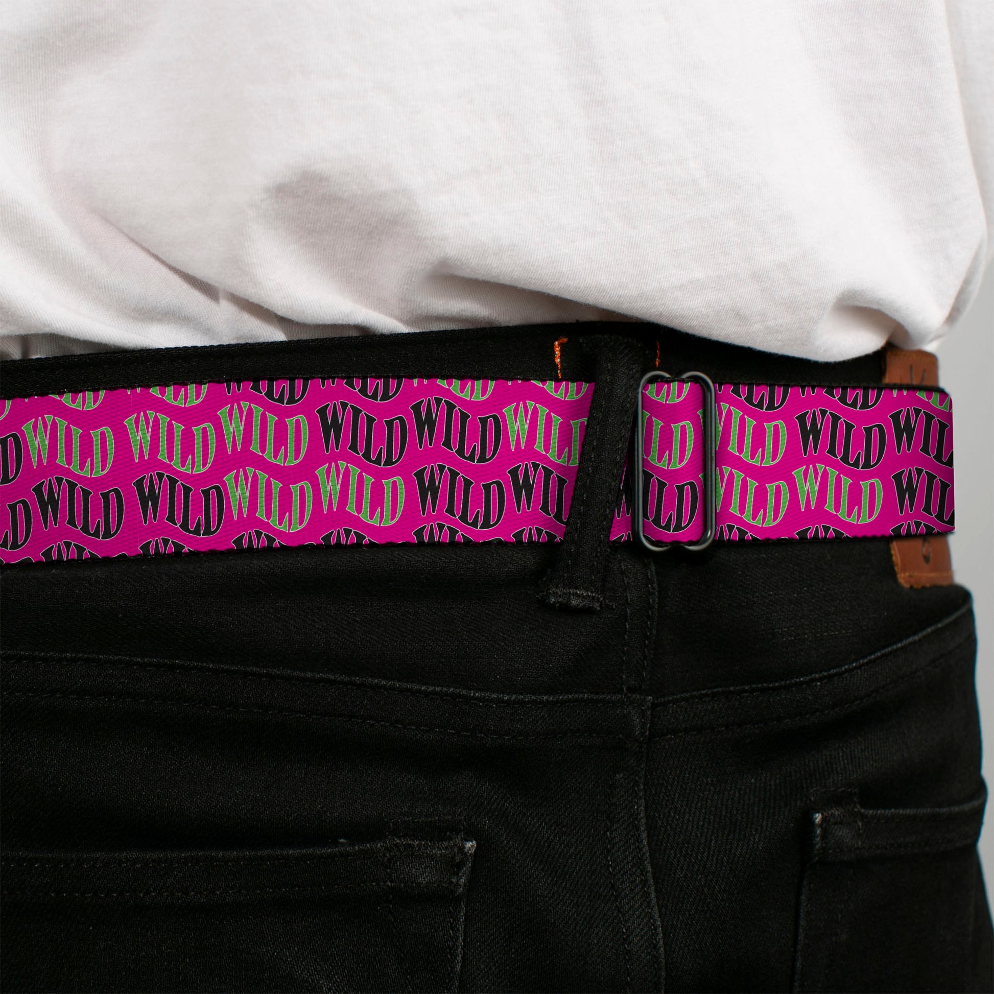 WHEEL OF FORTUNE Title Logo Full Color Black/Yellows Seatbelt Belt - Wheel of Fortune WILD Text Wave Pink/Green/Black Webbing Seatbelt Belts Wheel of Fortune