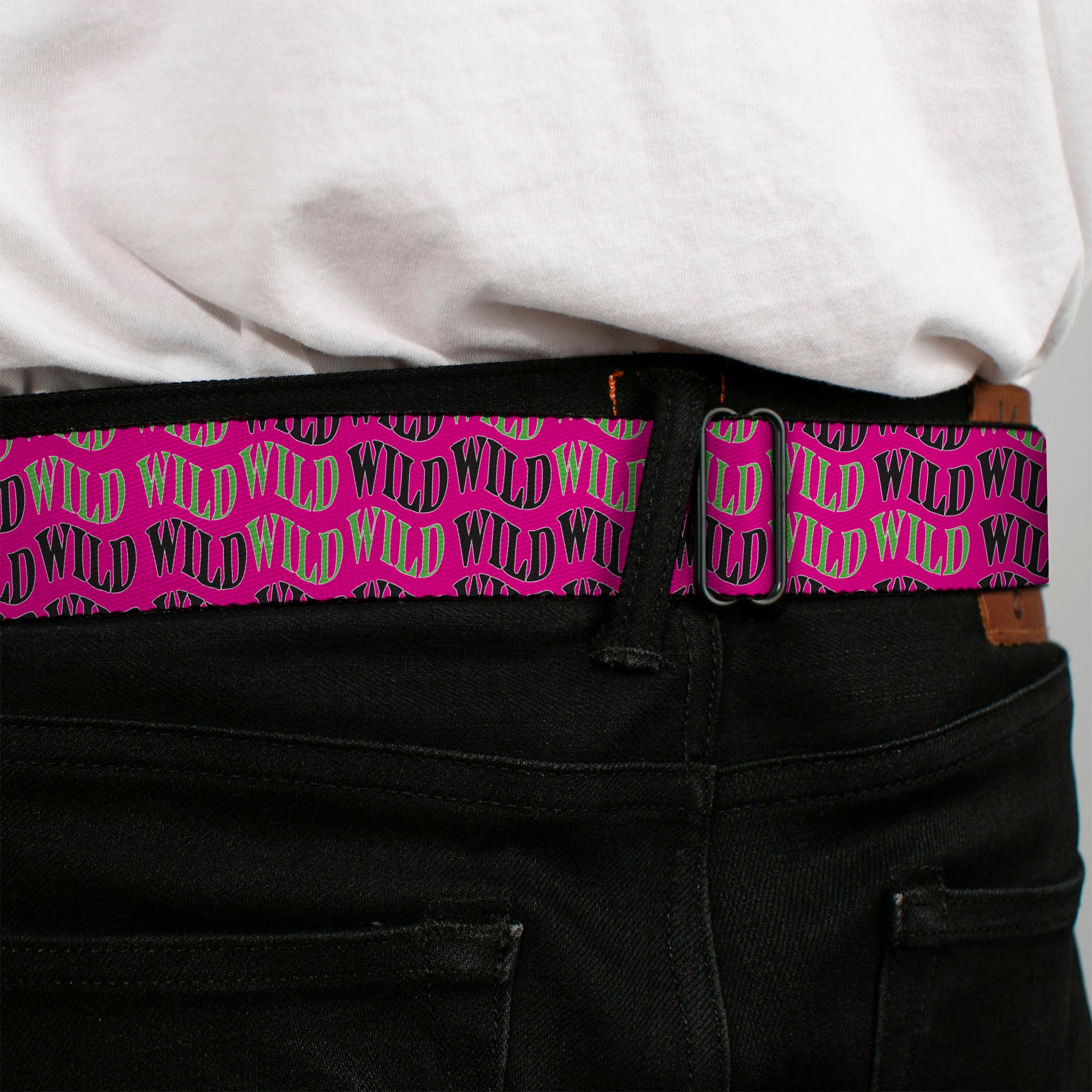 WHEEL OF FORTUNE Title Logo Full Color Black/Yellows Seatbelt Belt - Wheel of Fortune WILD Text Wave Pink/Green/Black Webbing Seatbelt Belts Wheel of Fortune