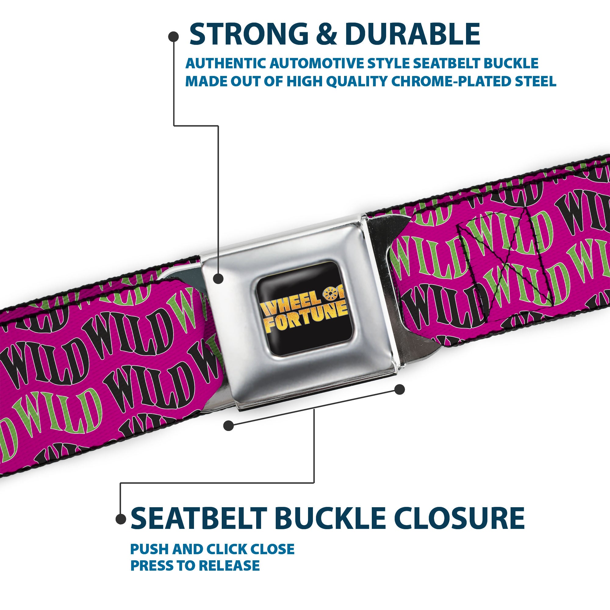 WHEEL OF FORTUNE Title Logo Full Color Black/Yellows Seatbelt Belt - Wheel of Fortune WILD Text Wave Pink/Green/Black Webbing Seatbelt Belts Wheel of Fortune