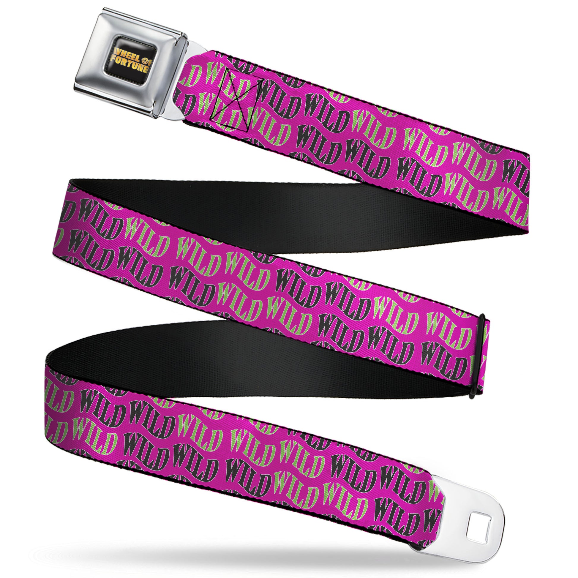 WHEEL OF FORTUNE Title Logo Full Color Black/Yellows Seatbelt Belt - Wheel of Fortune WILD Text Wave Pink/Green/Black Webbing Seatbelt Belts Wheel of Fortune