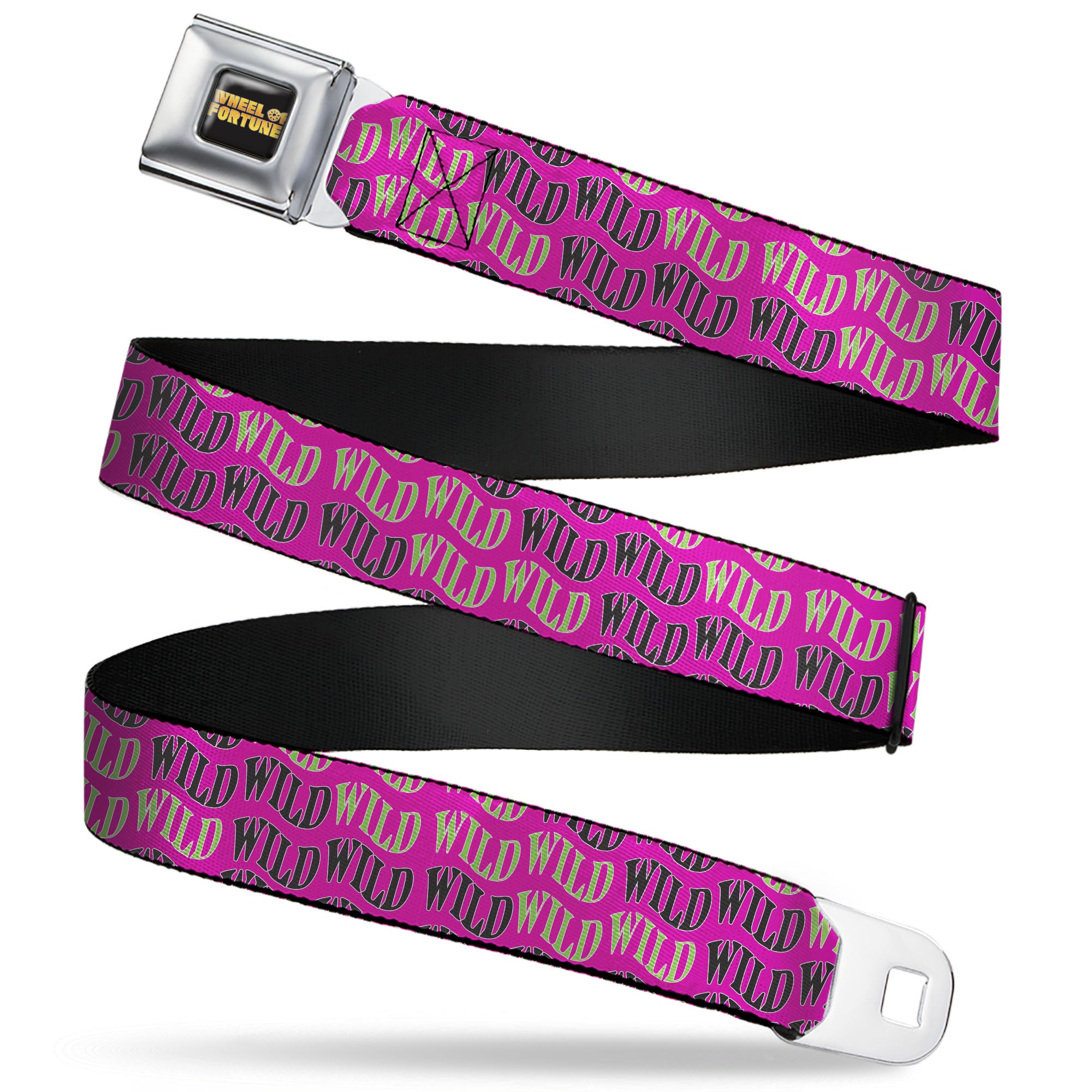 WHEEL OF FORTUNE Title Logo Full Color Black/Yellows Seatbelt Belt - Wheel of Fortune WILD Text Wave Pink/Green/Black Webbing Seatbelt Belts Wheel of Fortune