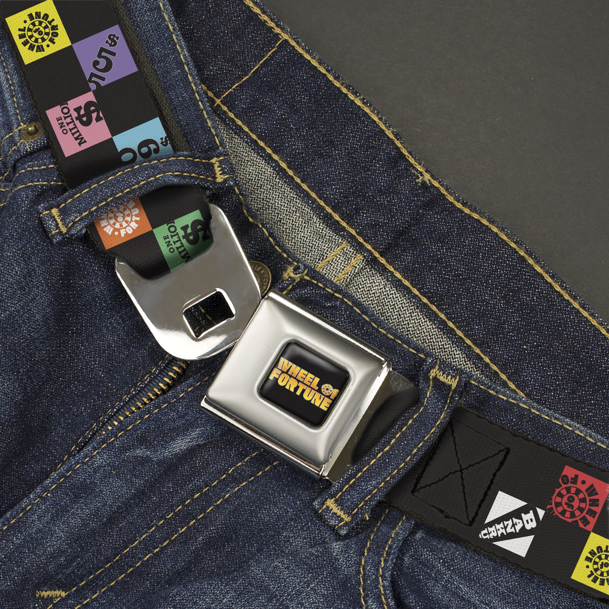WHEEL OF FORTUNE Title Logo Full Color Black/Yellows Seatbelt Belt - WHEEL OF FORTUNE Checker Icons Black/Multi Color Webbing Seatbelt Belts Wheel of Fortune