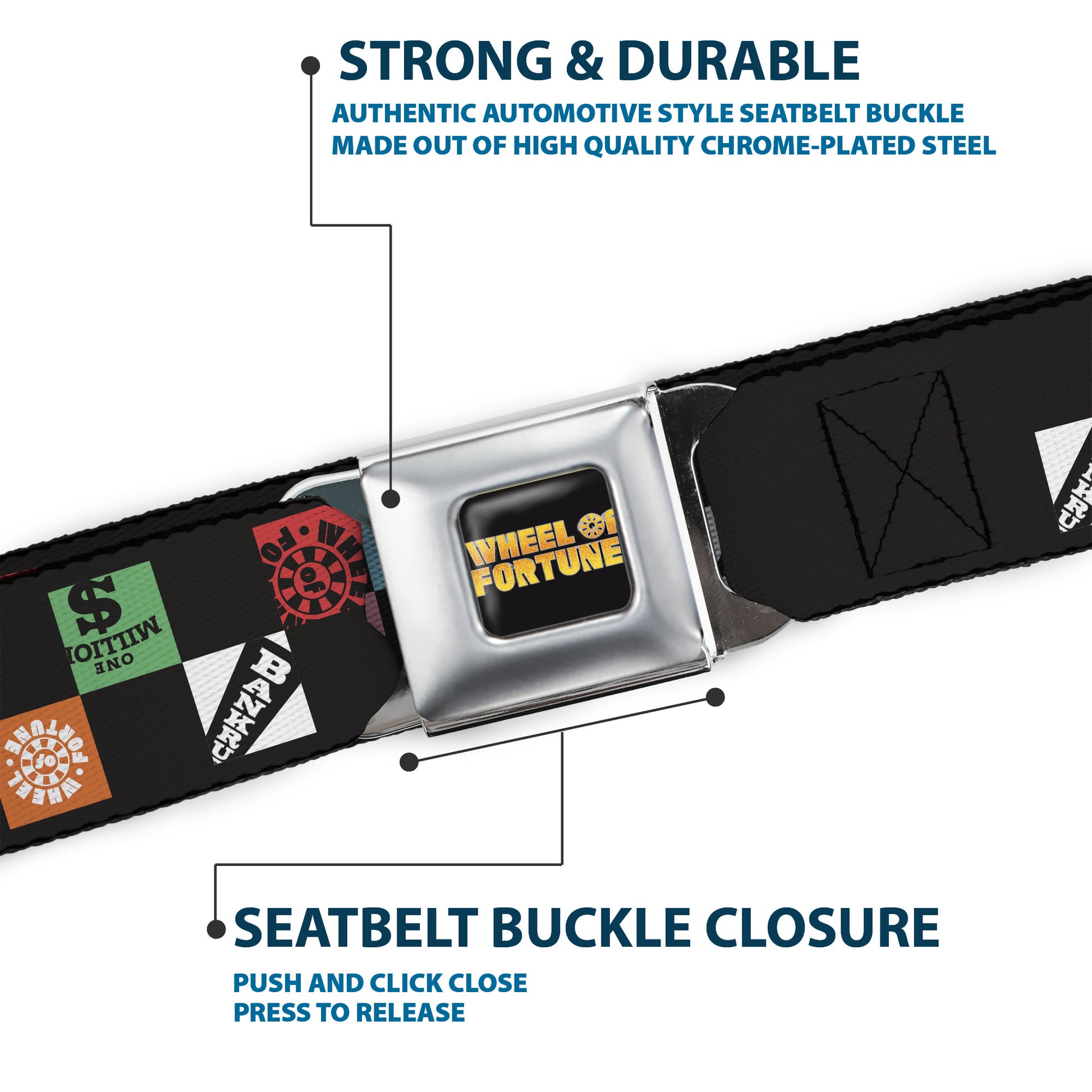 WHEEL OF FORTUNE Title Logo Full Color Black/Yellows Seatbelt Belt - WHEEL OF FORTUNE Checker Icons Black/Multi Color Webbing Seatbelt Belts Wheel of Fortune