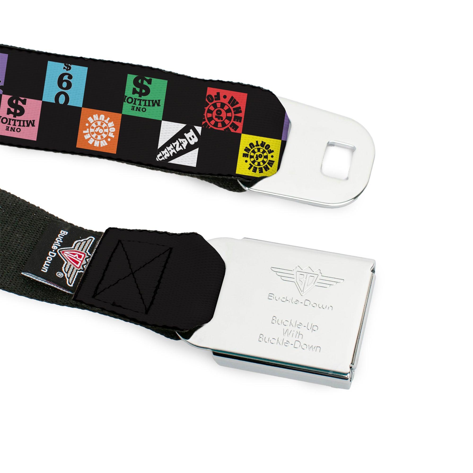 WHEEL OF FORTUNE Title Logo Full Color Black/Yellows Seatbelt Belt - WHEEL OF FORTUNE Checker Icons Black/Multi Color Webbing Seatbelt Belts Wheel of Fortune